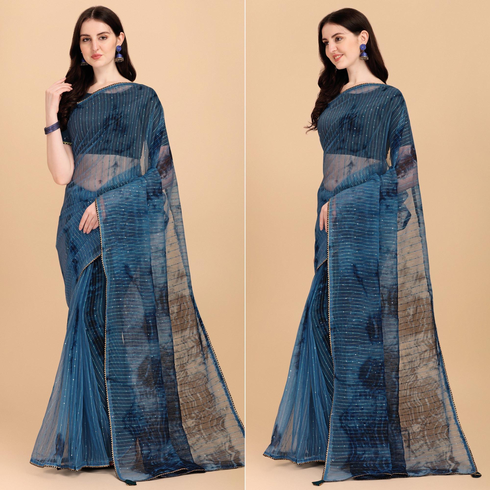 Teal Blue Sequence Embroidered Chanderi Saree - Peachmode