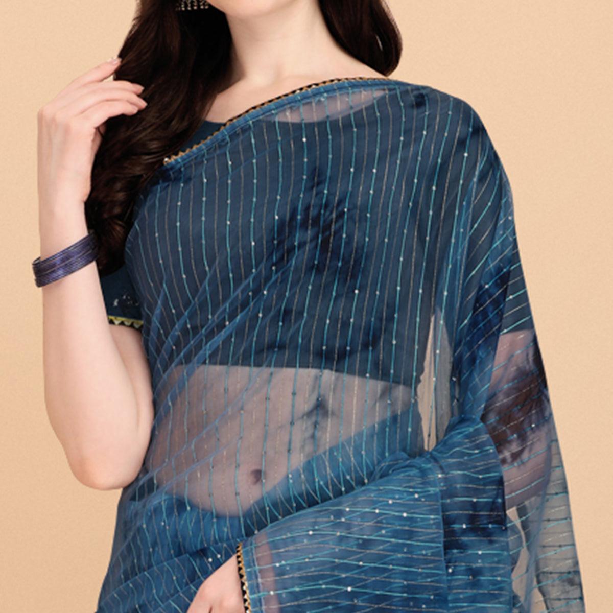 Teal Blue Sequence Embroidered Chanderi Saree - Peachmode