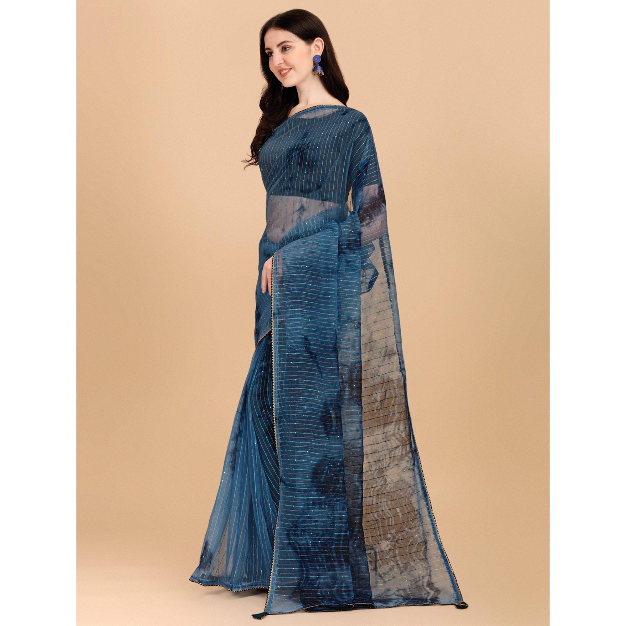 Teal Blue Sequence Embroidered Chanderi Saree - Peachmode