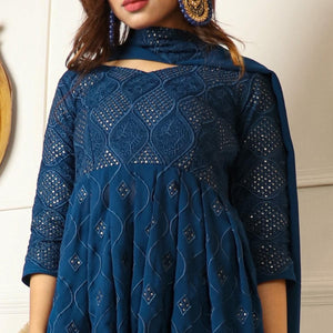Teal Blue Sequence Embroidered Georgette Sharara Suit - Peachmode