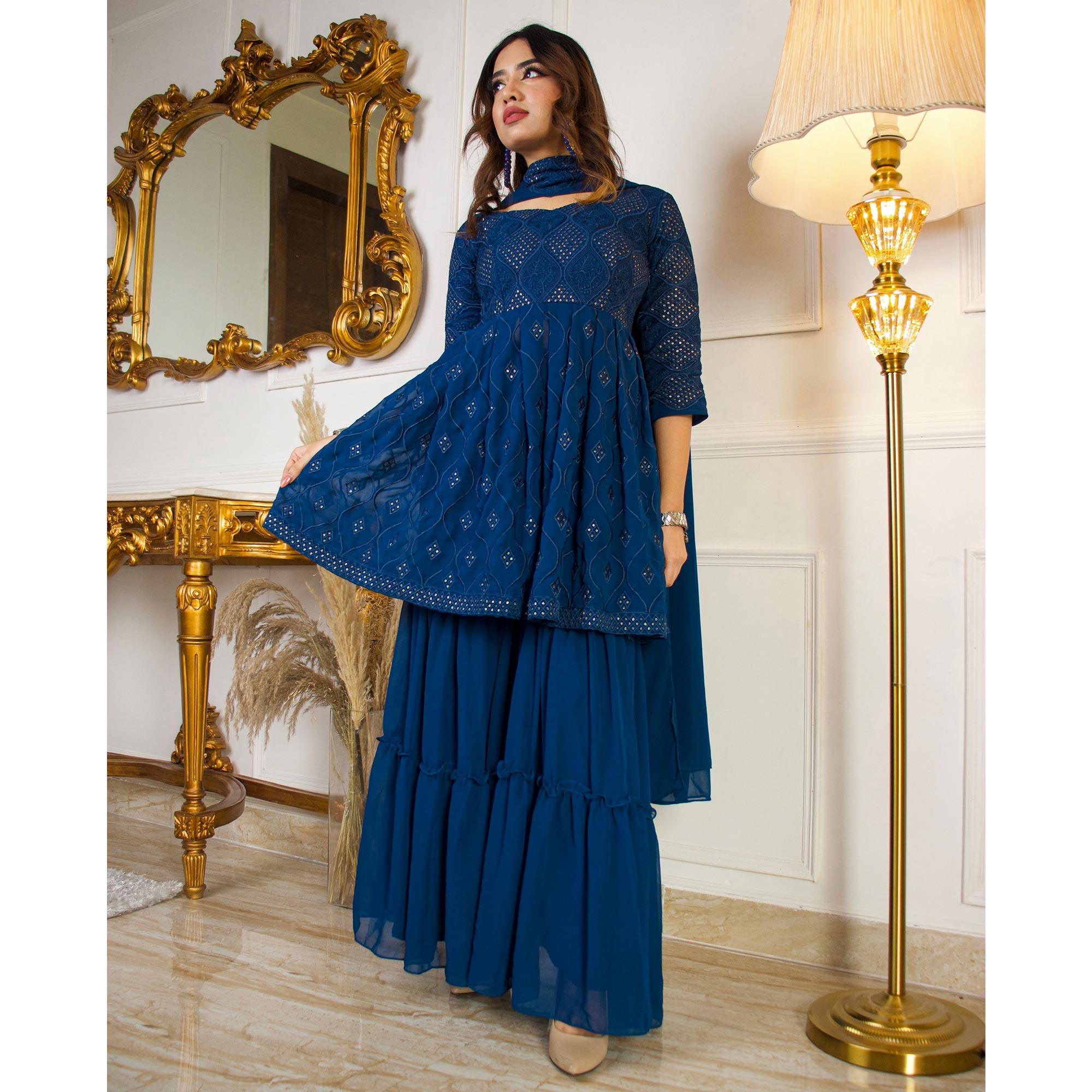 Teal Blue Sequence Embroidered Georgette Sharara Suit - Peachmode