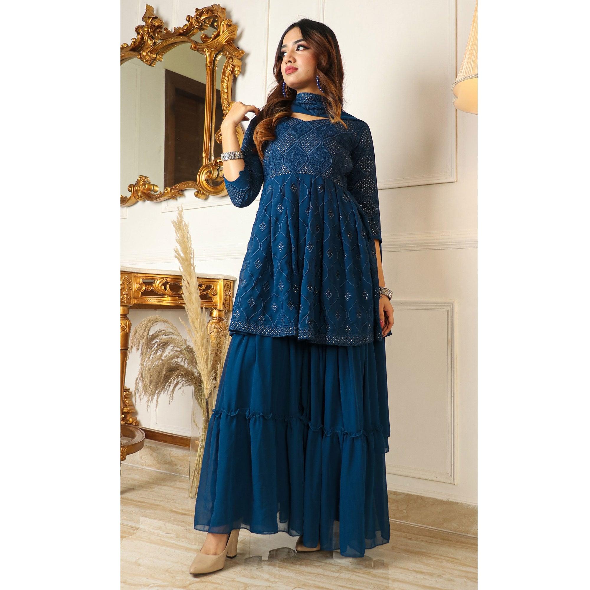 Teal Blue Sequence Embroidered Georgette Sharara Suit - Peachmode