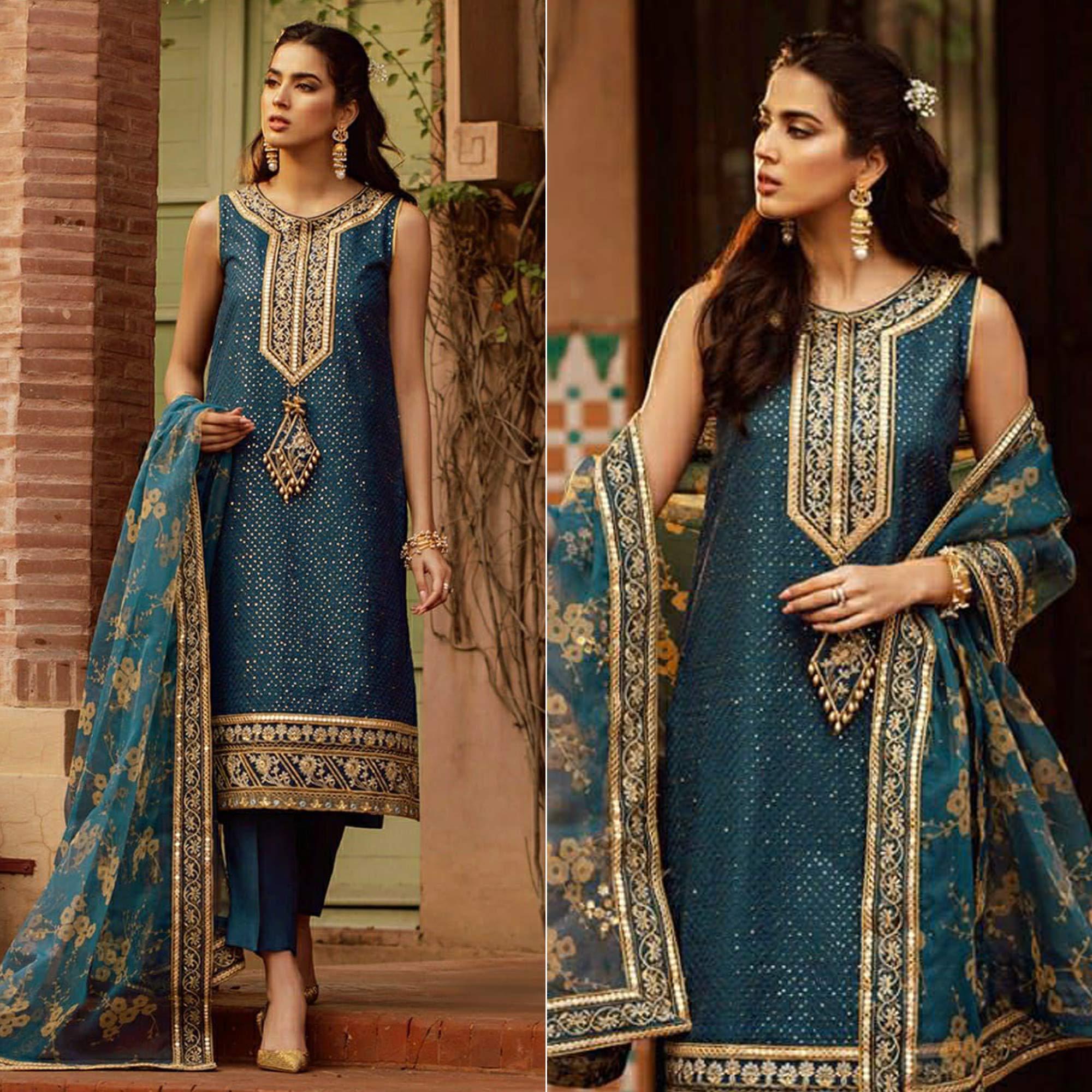 Teal Blue Sequence Embroidered Georgette Suit - Peachmode