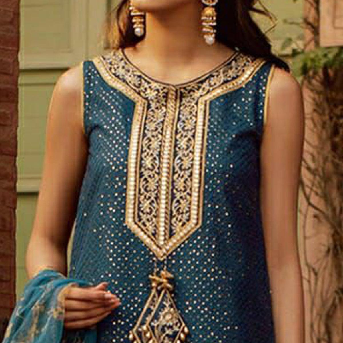 Teal Blue Sequence Embroidered Georgette Suit - Peachmode