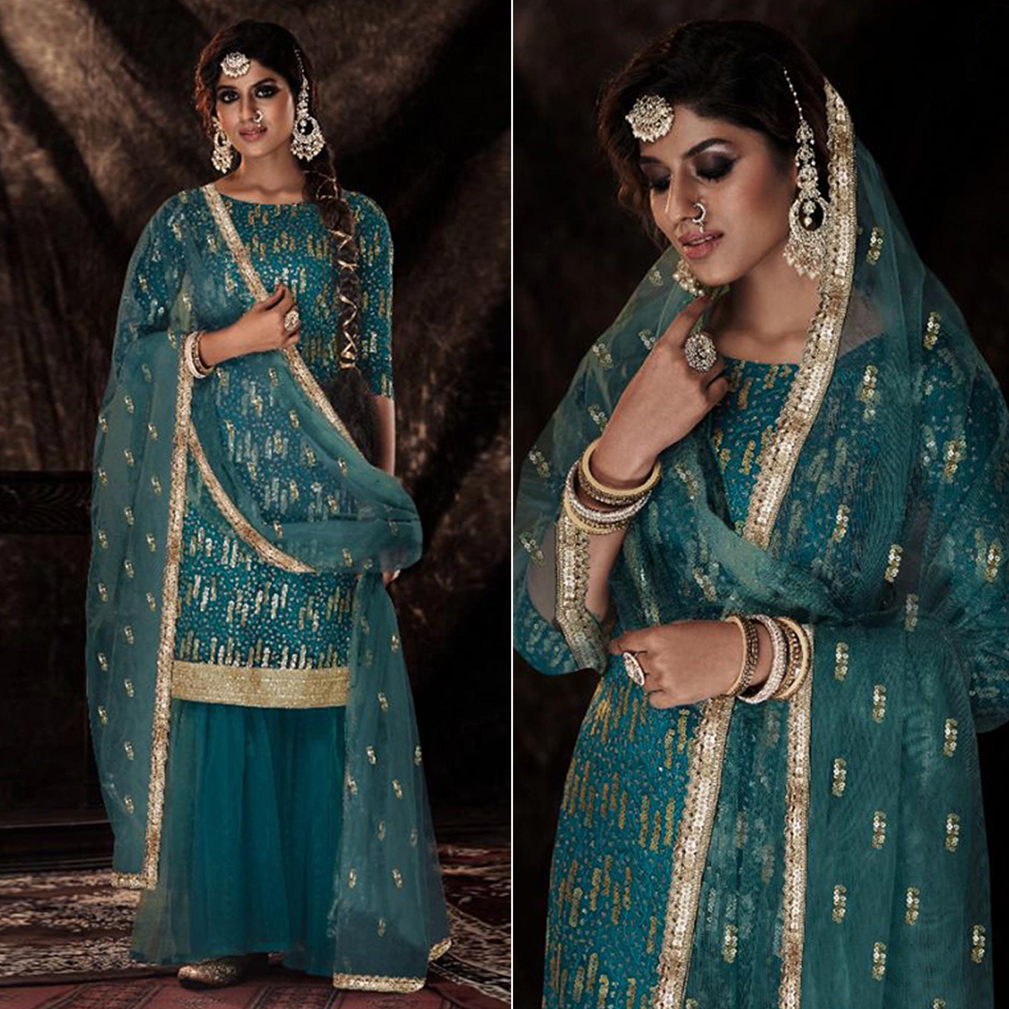 Teal Blue Sequence Embroidered Netted Palazzo Suit - Peachmode