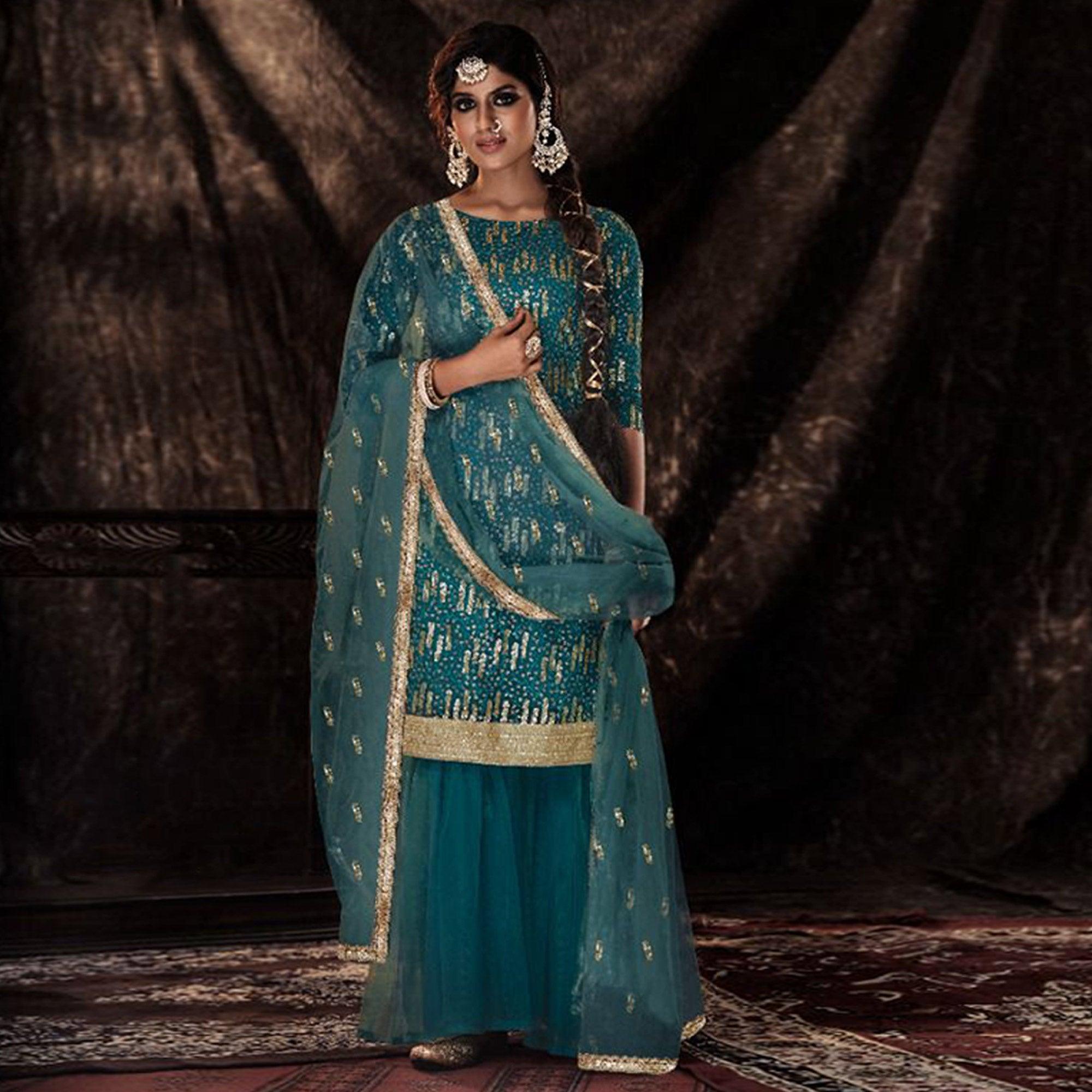 Teal Blue Sequence Embroidered Netted Palazzo Suit - Peachmode