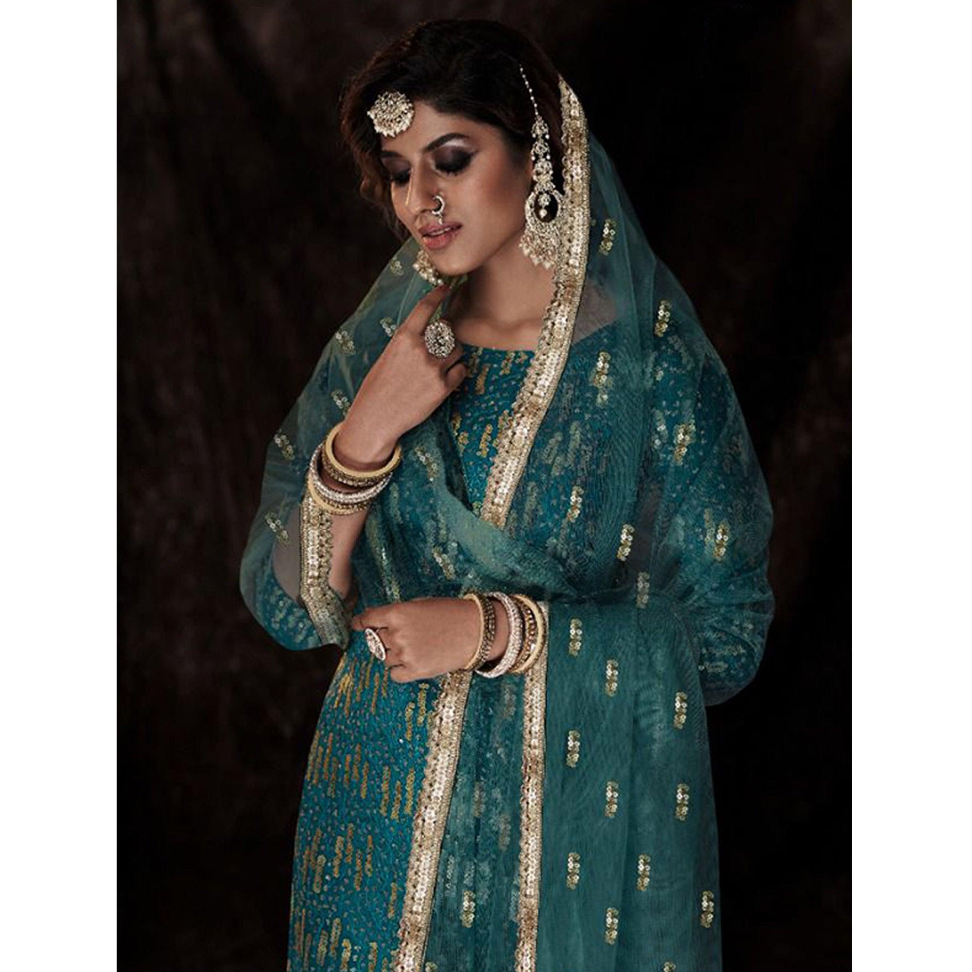 Teal Blue Sequence Embroidered Netted Palazzo Suit - Peachmode