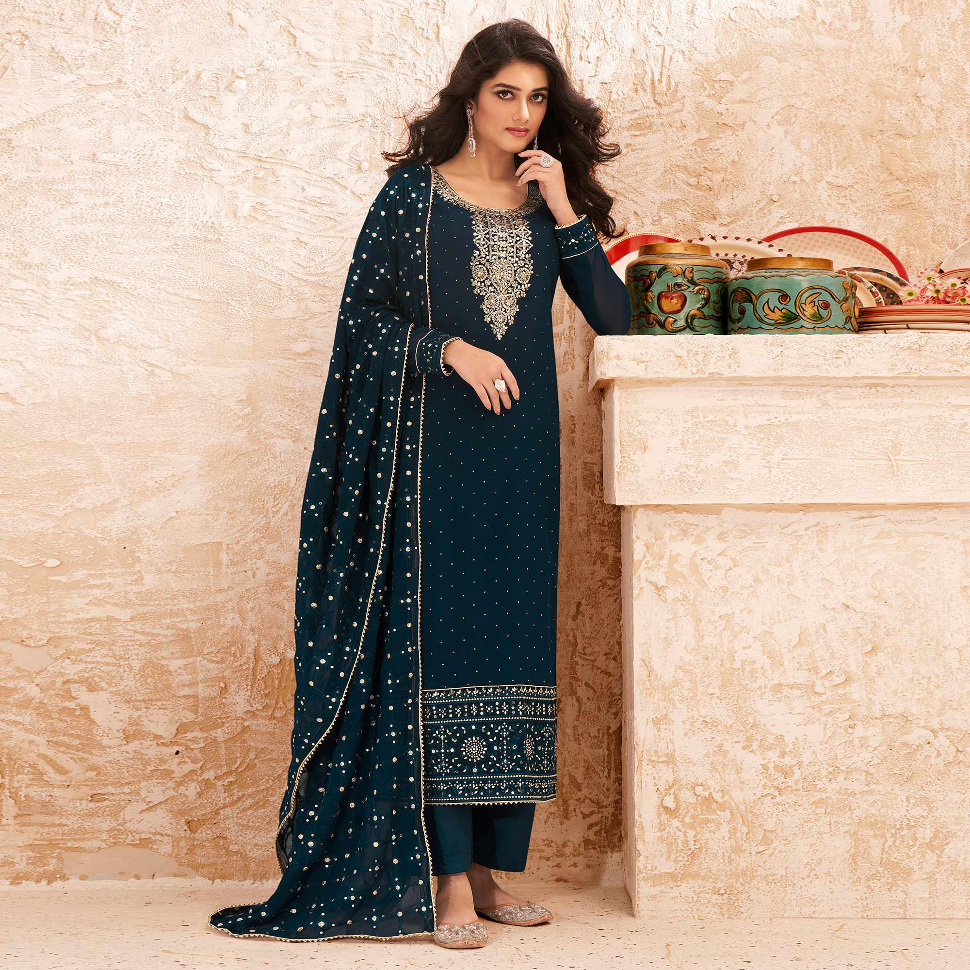 Teal Blue Sequence Embroidered Real Georgette Partywear Suit - Peachmode
