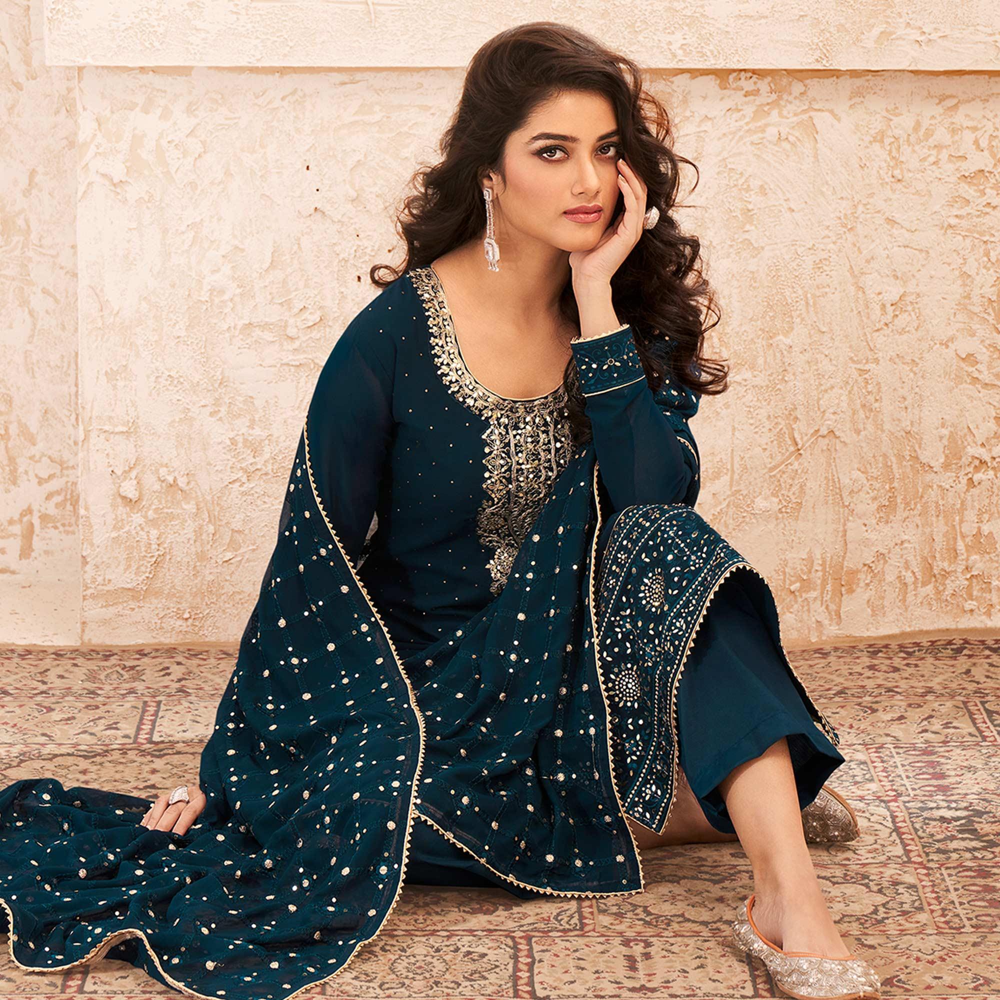Teal Blue Sequence Embroidered Real Georgette Partywear Suit - Peachmode