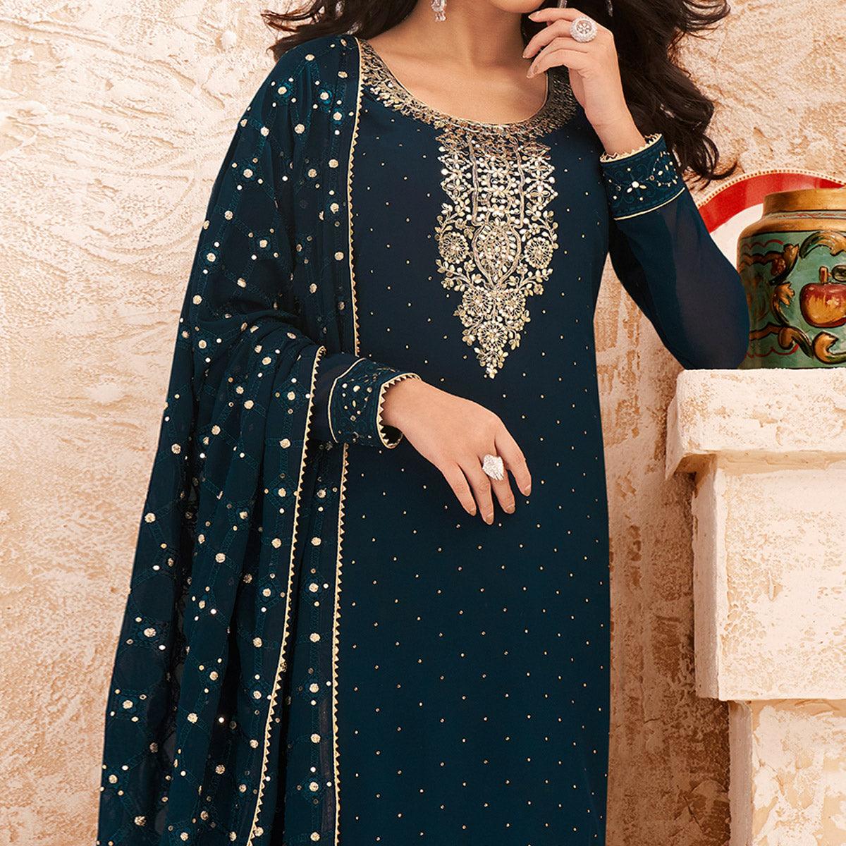 Teal Blue Sequence Embroidered Real Georgette Partywear Suit - Peachmode