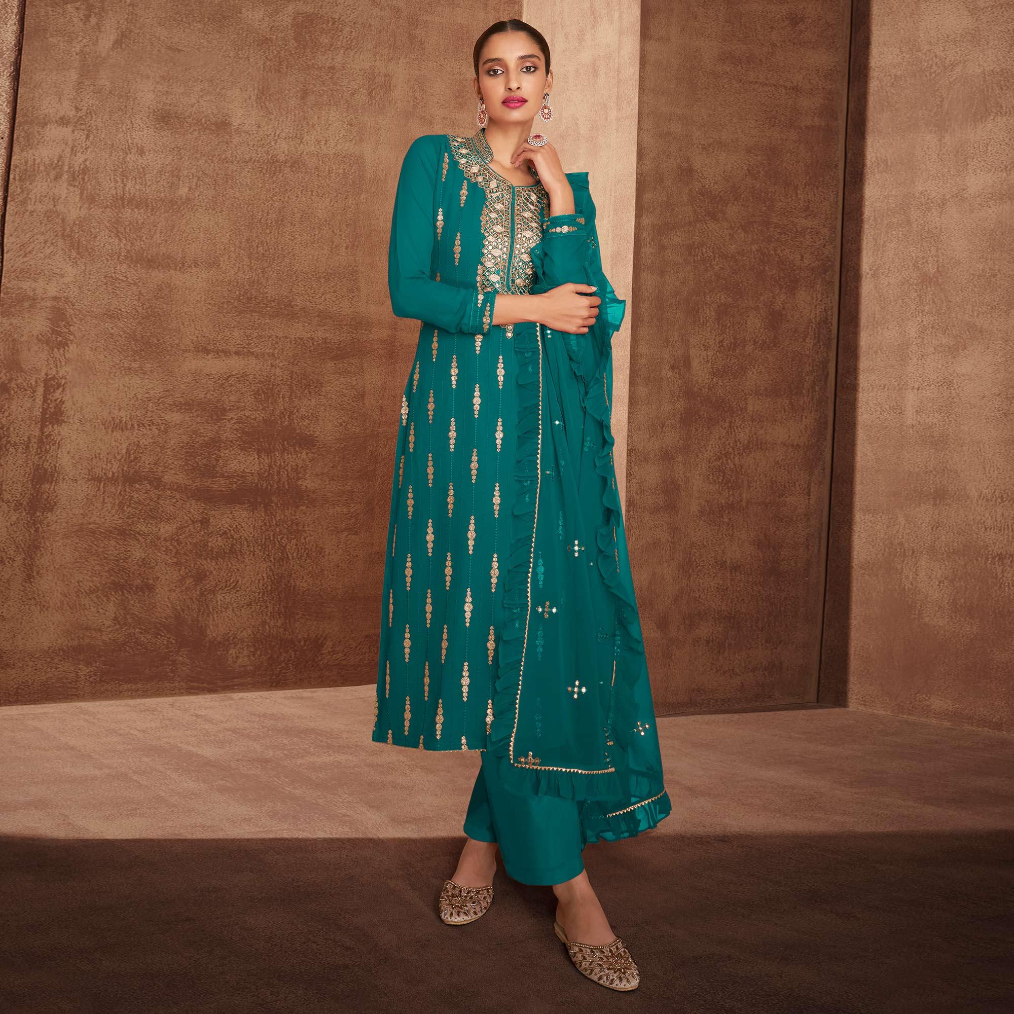Teal Blue Sequence Embroidery Georgette Partywear Suit - Peachmode