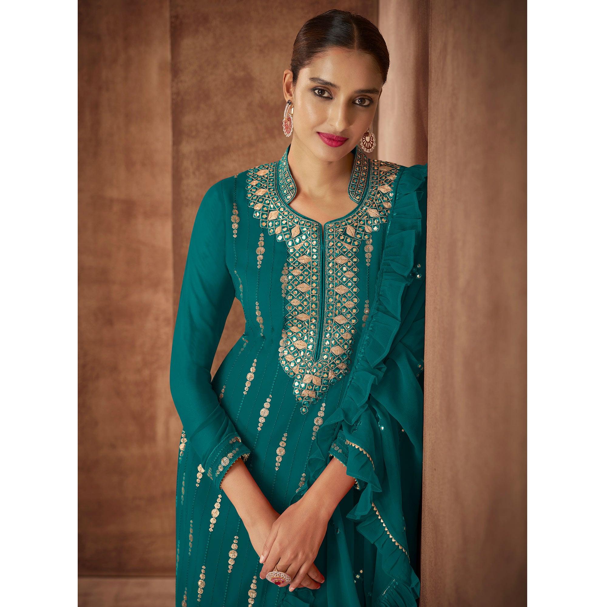 Teal Blue Sequence Embroidery Georgette Partywear Suit - Peachmode