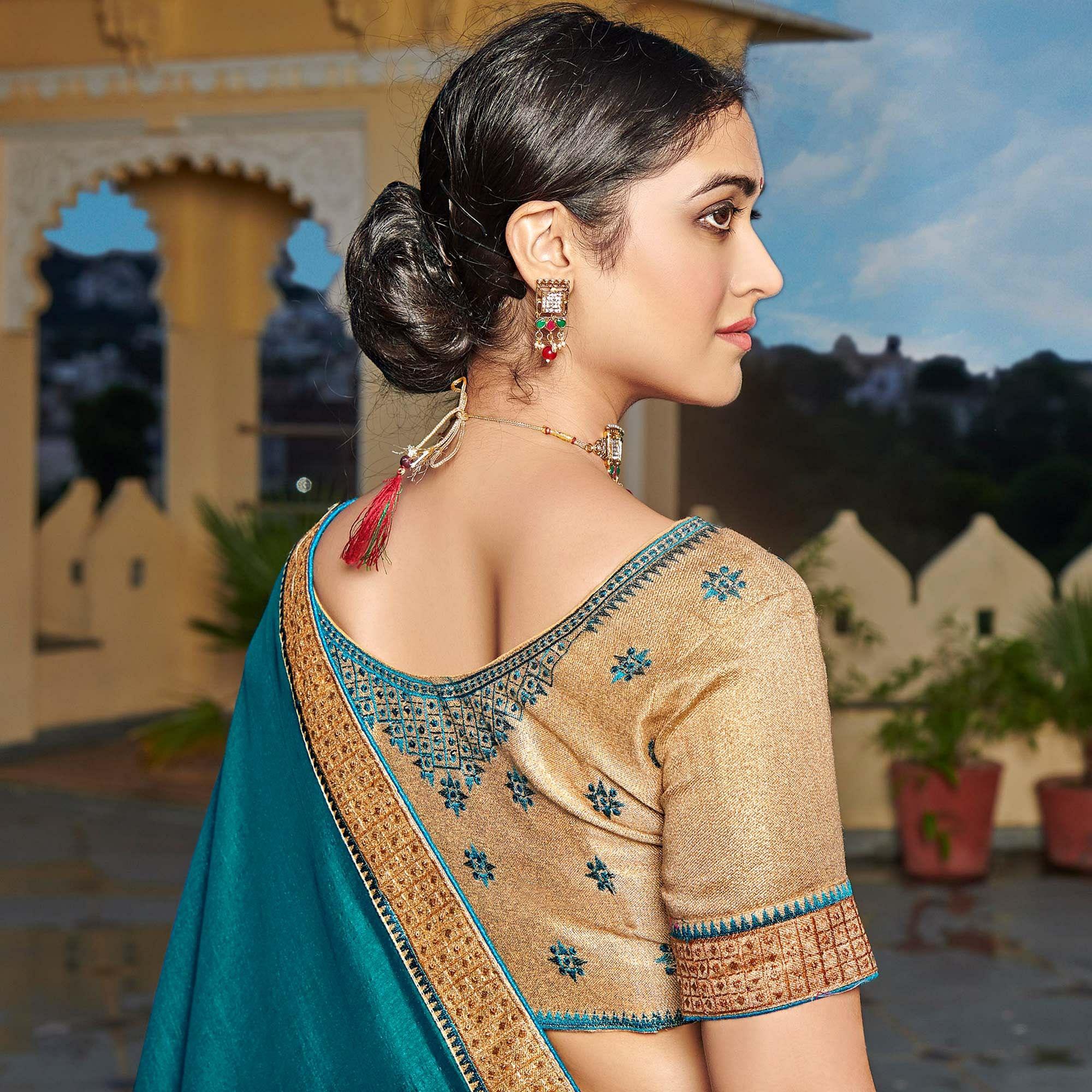 Teal Blue Solid-Embroidered Border Vichitra Silk Saree With Tassels - Peachmode