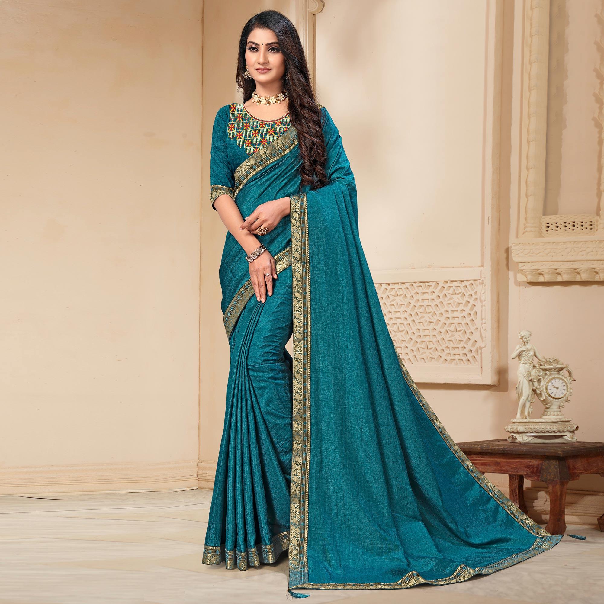 Teal Blue Solid Vichitra Silk Saree - Peachmode