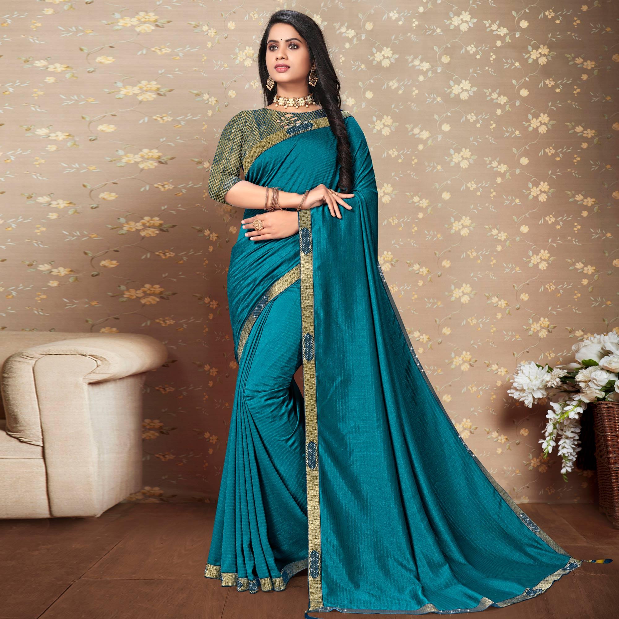 Teal Blue Solid Vichitra Silk Saree - Peachmode
