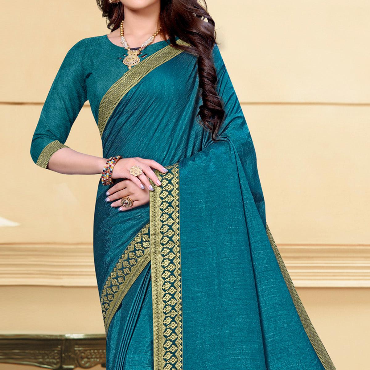 Teal Blue Solid Vichitra Silk Saree - Peachmode