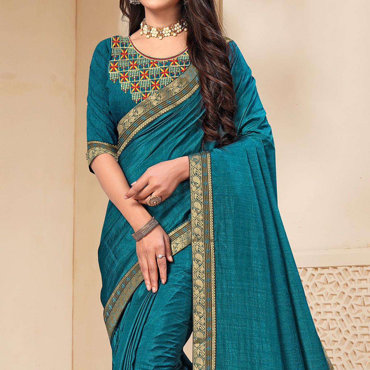 Teal Blue Solid Vichitra Silk Saree - Peachmode
