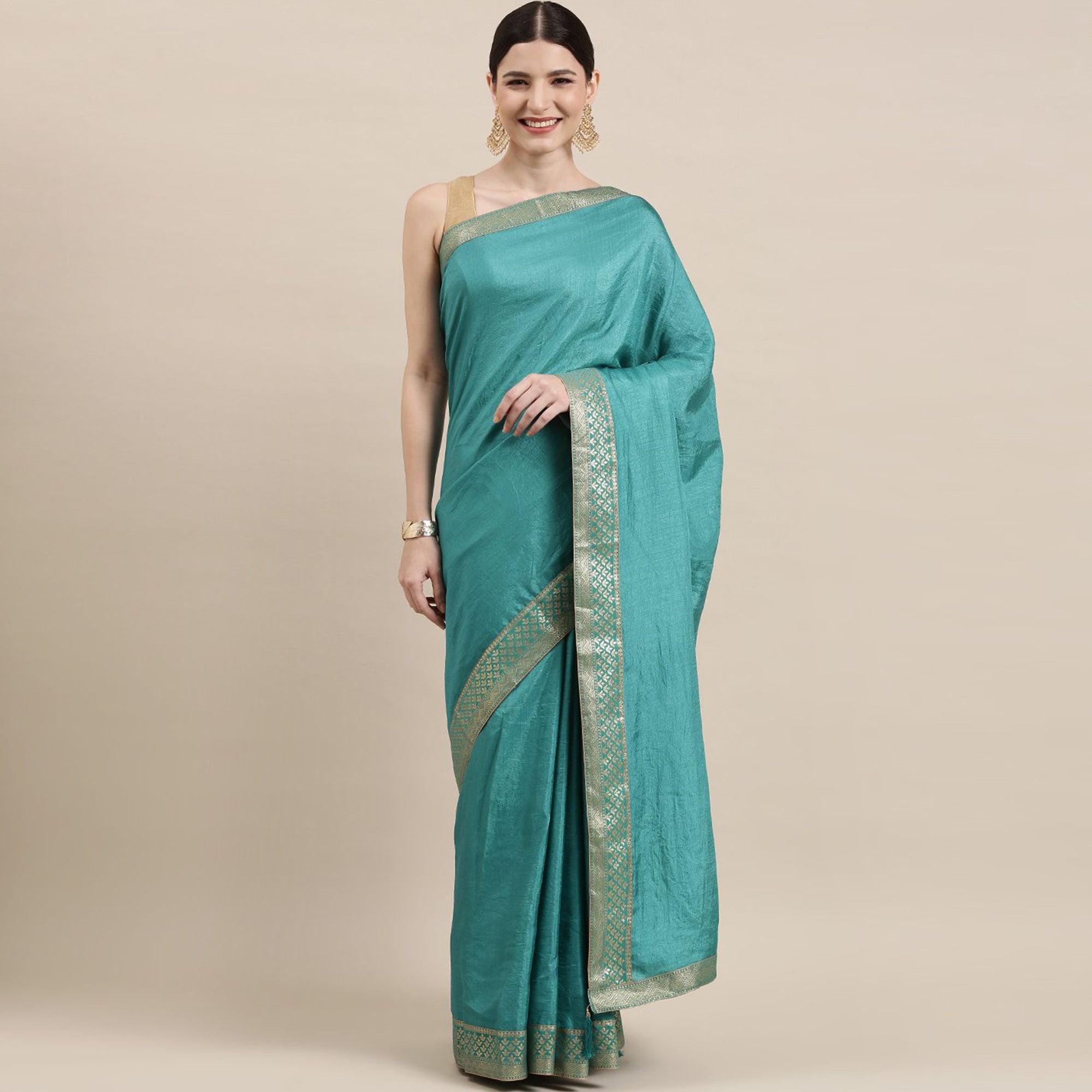 Teal Blue Solid With Woven Border Vichitra Silk Saree - Peachmode