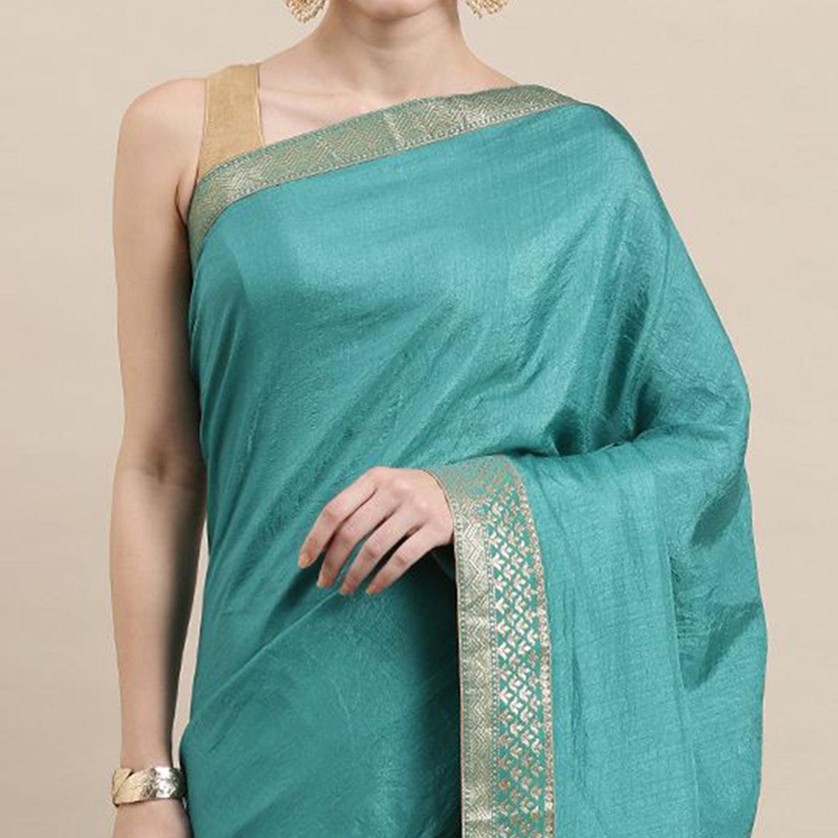 Teal Blue Solid With Woven Border Vichitra Silk Saree - Peachmode