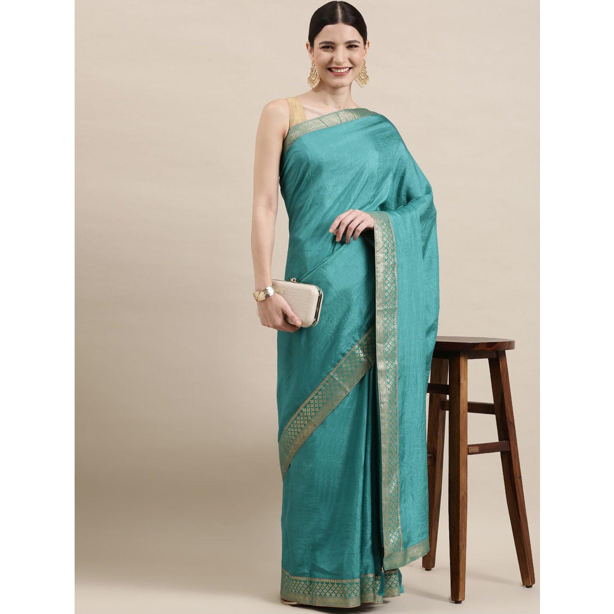 Teal Blue Solid With Woven Border Vichitra Silk Saree - Peachmode