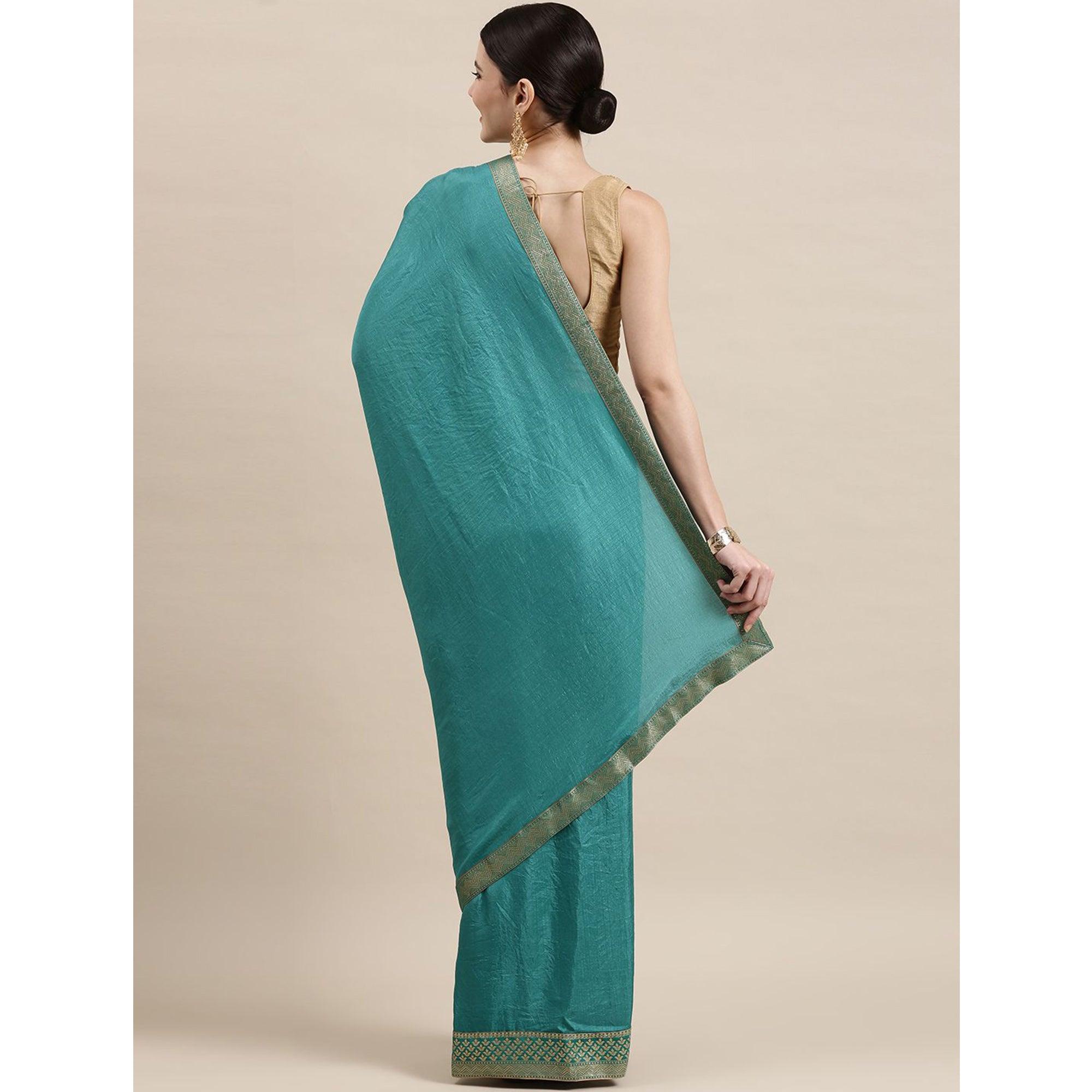 Teal Blue Solid With Woven Border Vichitra Silk Saree - Peachmode