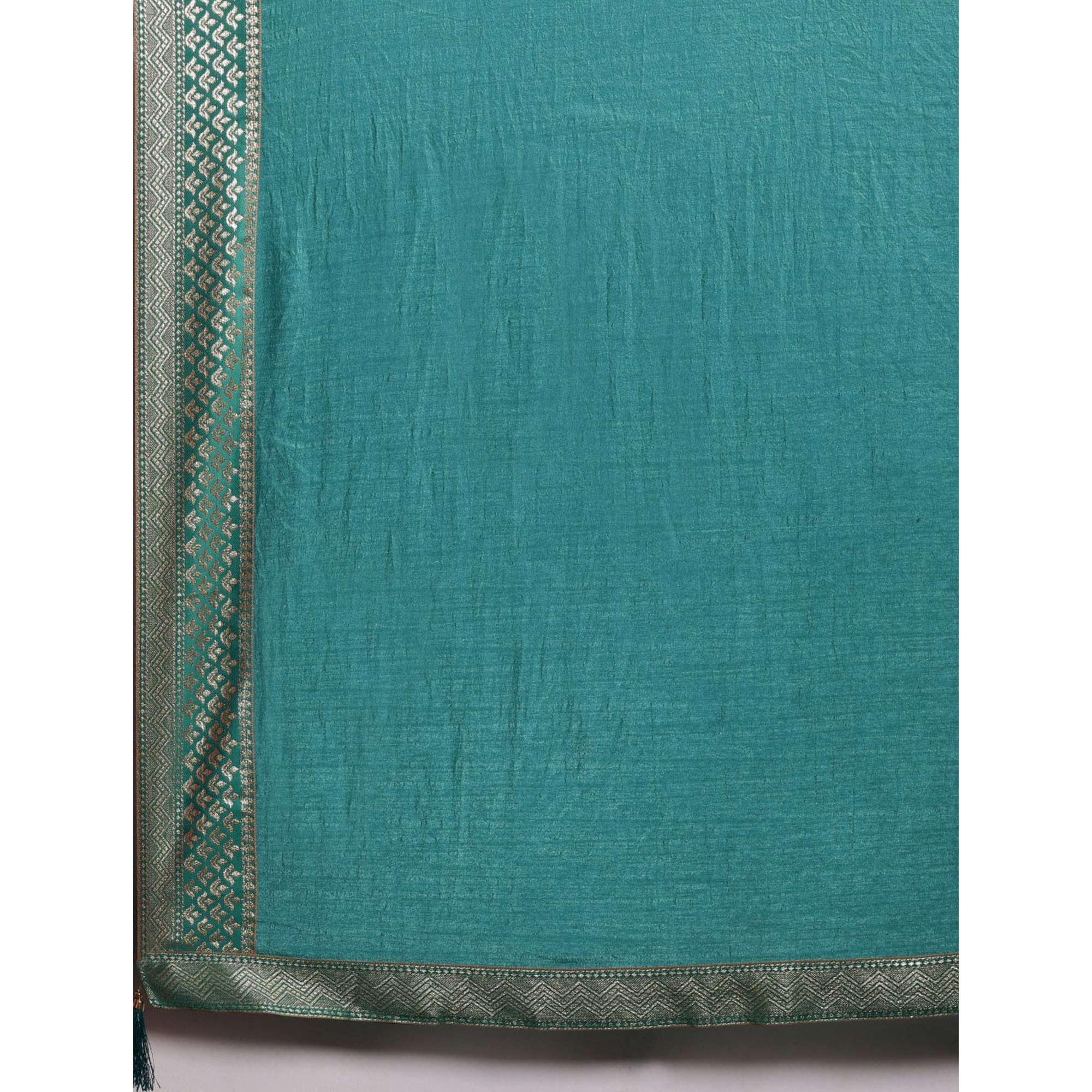 Teal Blue Solid With Woven Border Vichitra Silk Saree - Peachmode