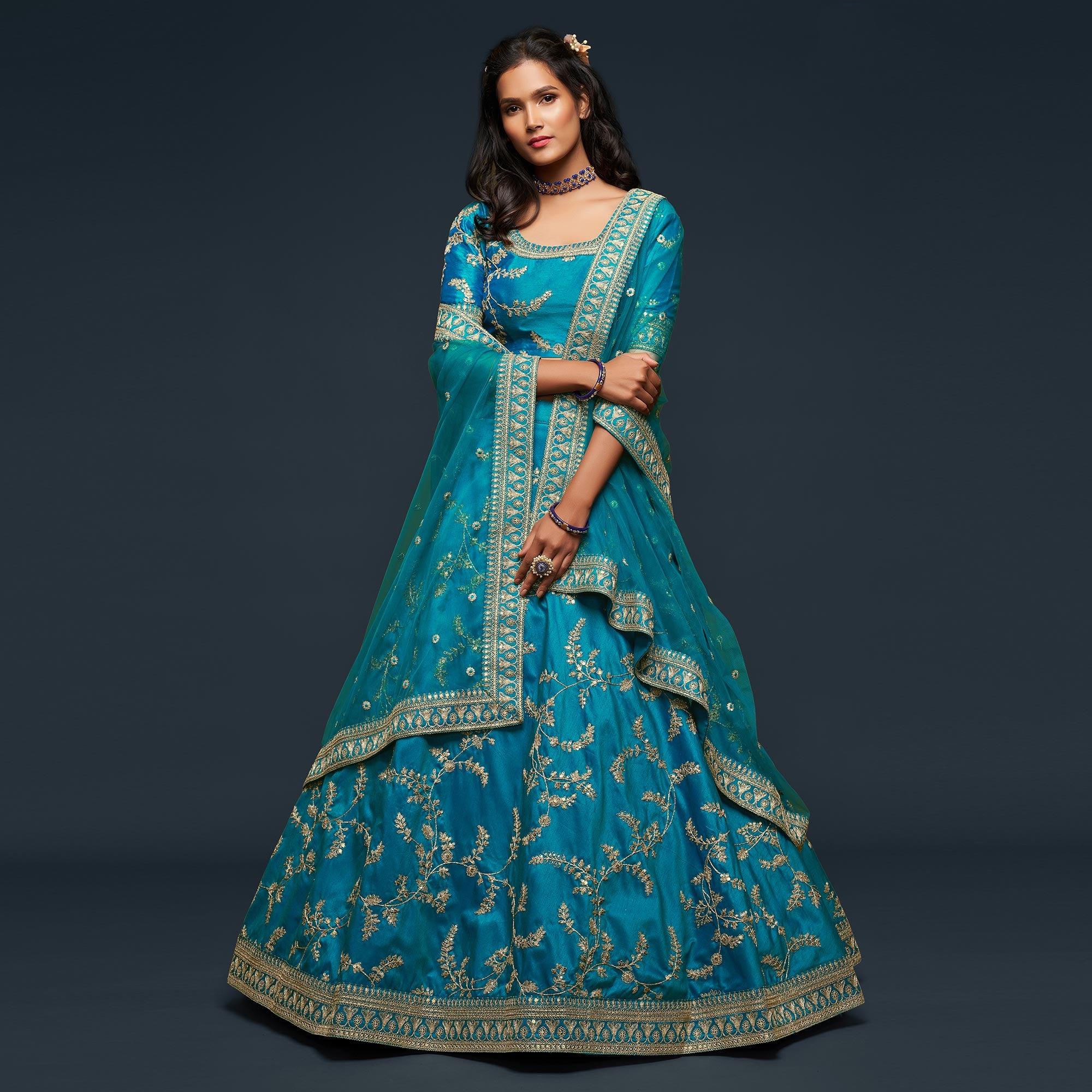 Teal Blue Wedding Floral Sequins Embroidered Art Silk Lehenga Choli - Peachmode