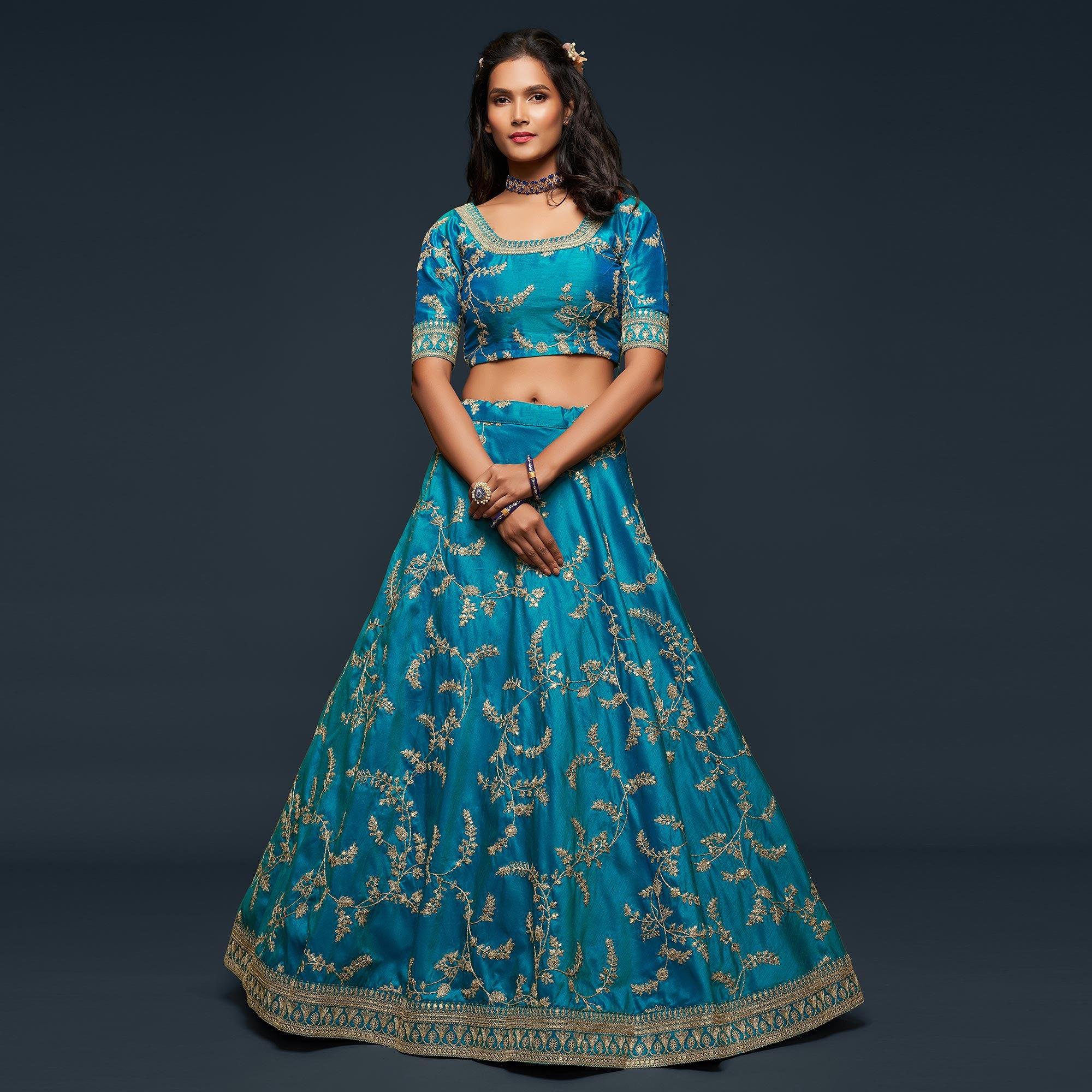 Teal Blue Wedding Floral Sequins Embroidered Art Silk Lehenga Choli - Peachmode