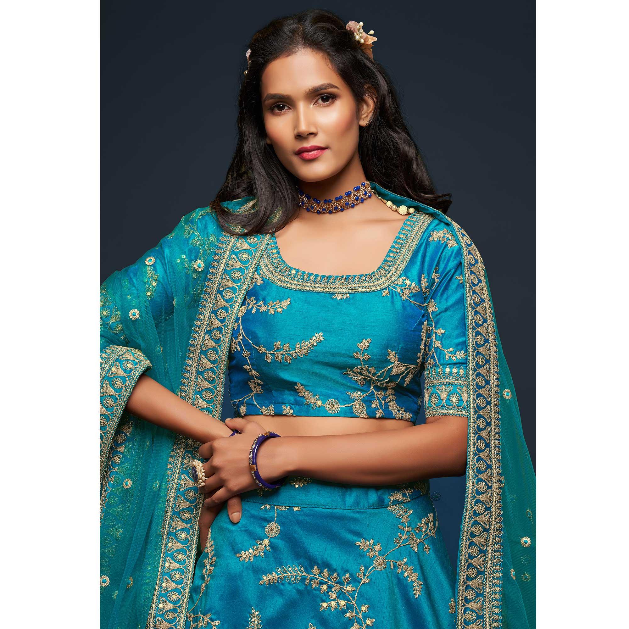 Teal Blue Wedding Floral Sequins Embroidered Art Silk Lehenga Choli - Peachmode