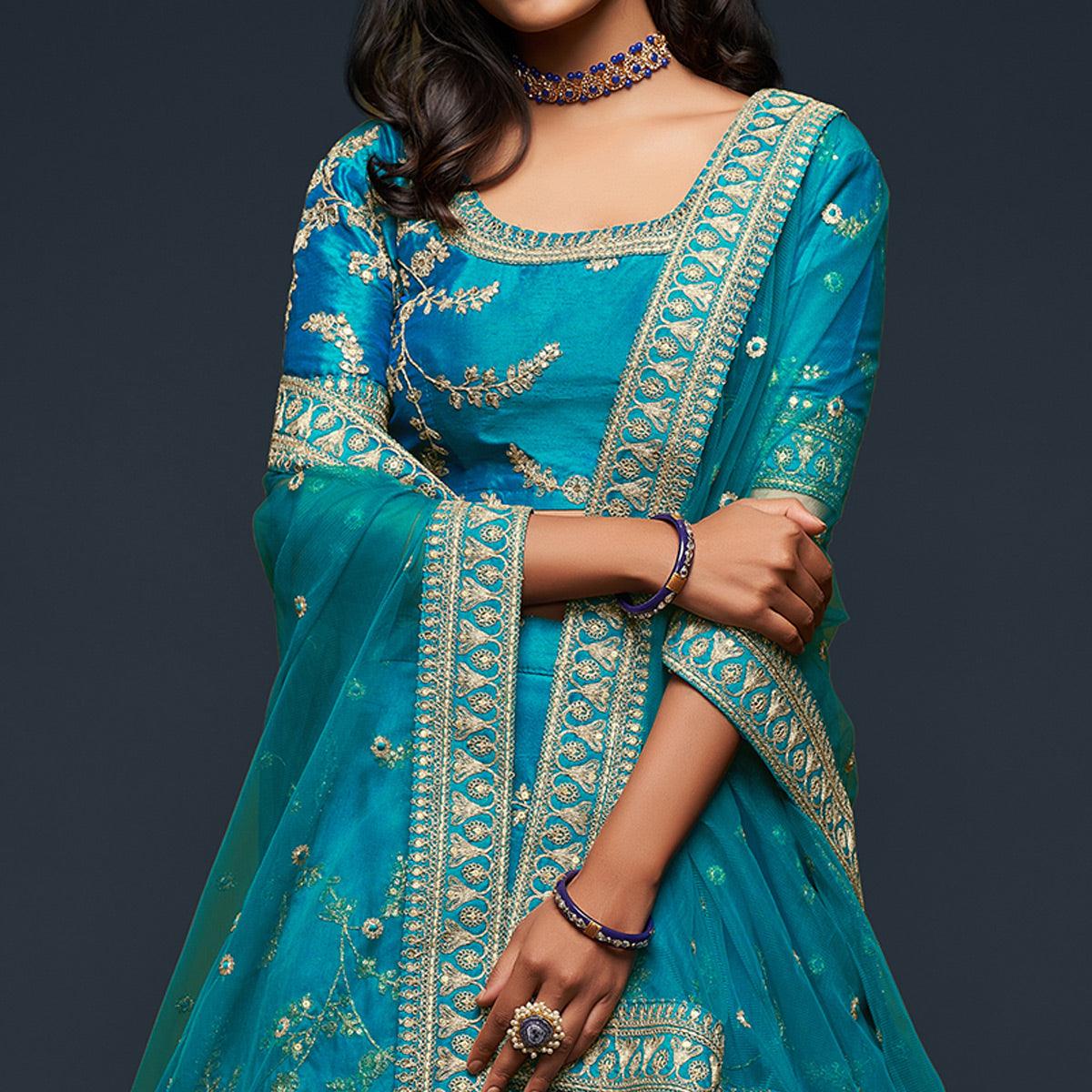 Teal Blue Wedding Floral Sequins Embroidered Art Silk Lehenga Choli - Peachmode