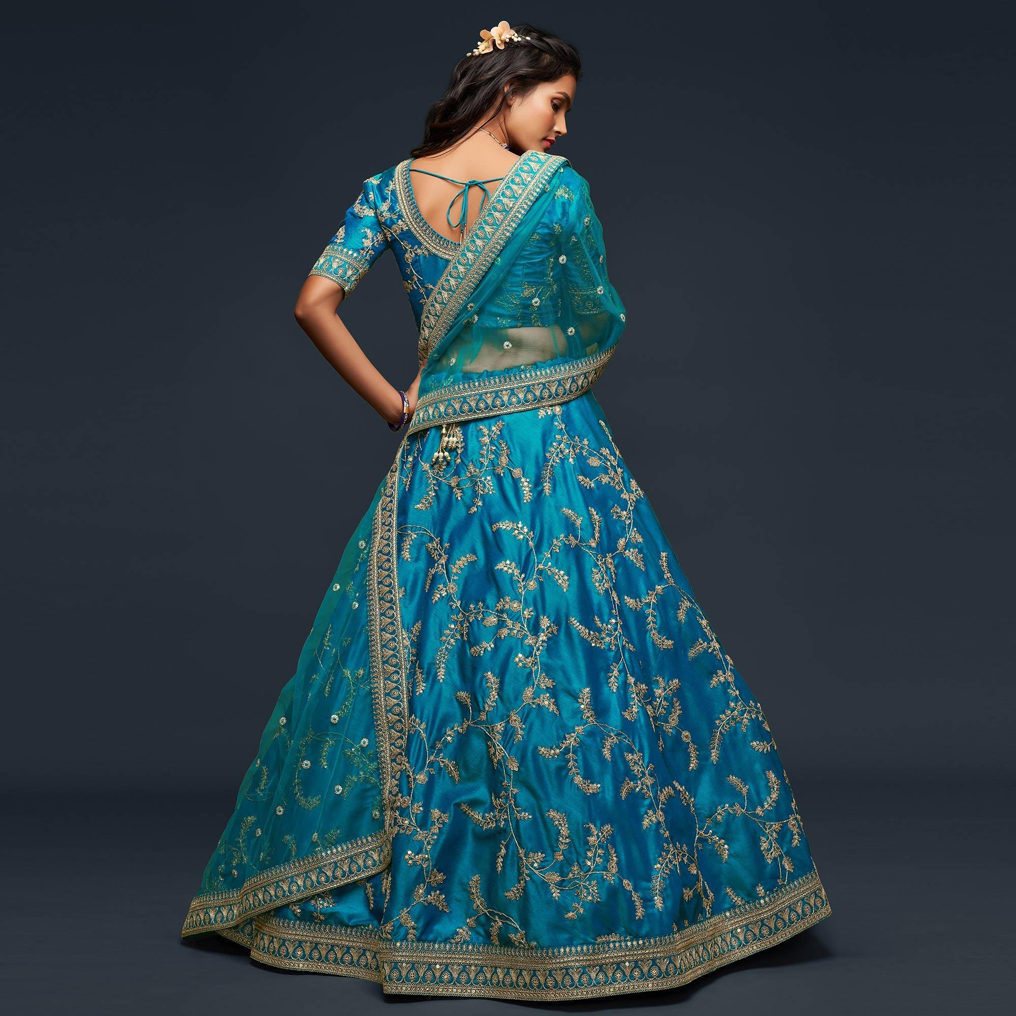 Teal Blue Wedding Floral Sequins Embroidered Art Silk Lehenga Choli - Peachmode