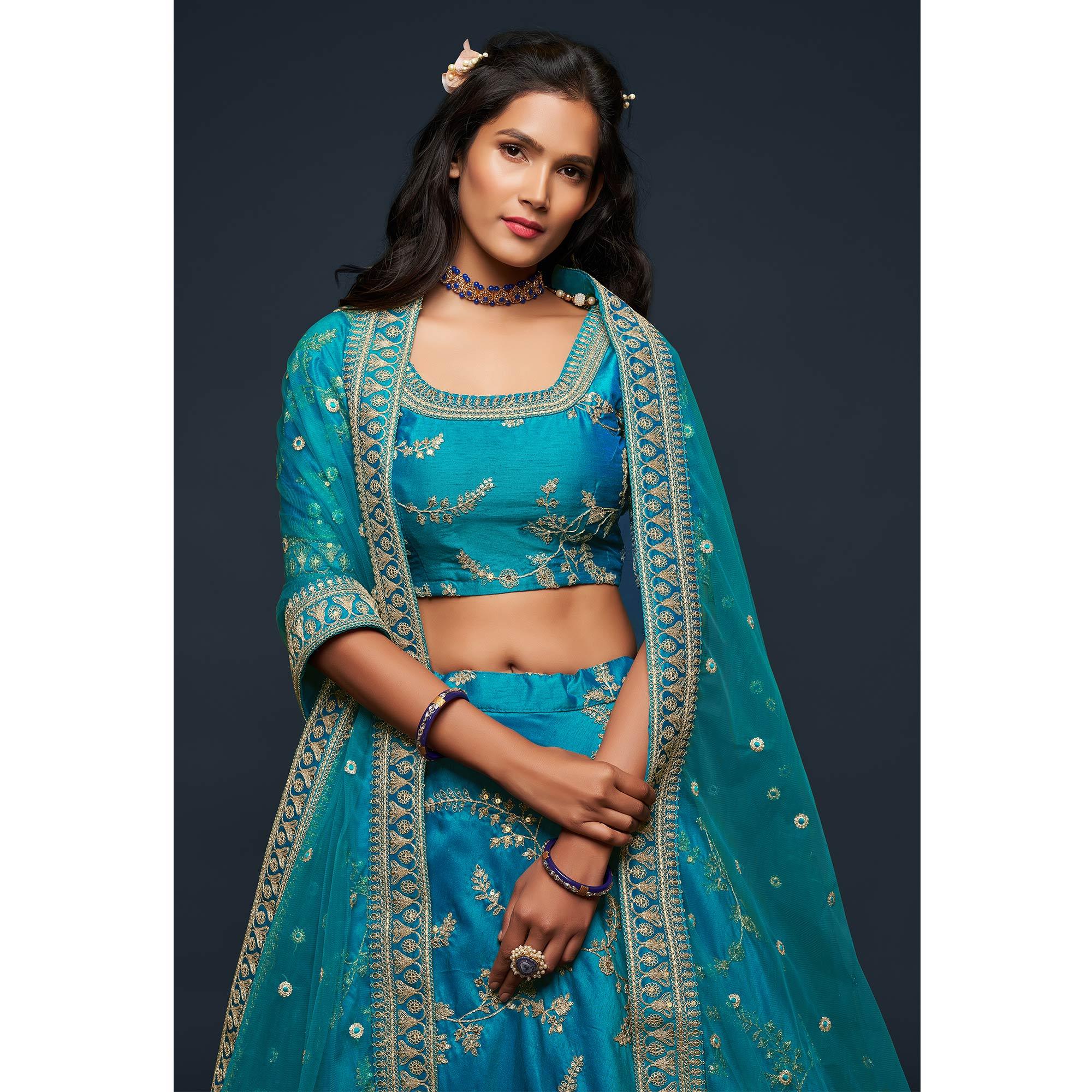 Teal Blue Wedding Floral Sequins Embroidered Art Silk Lehenga Choli - Peachmode