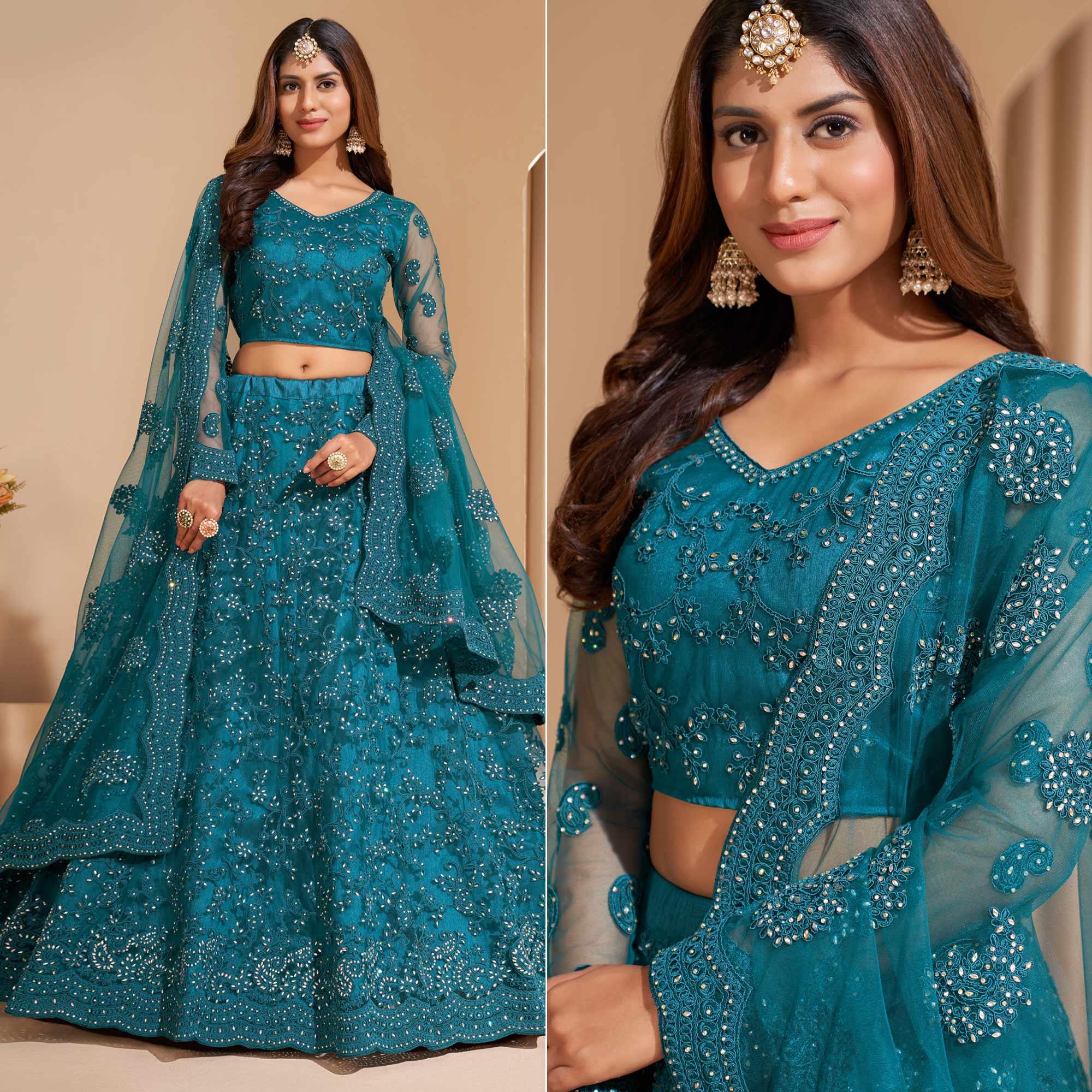 Teal Blue Wedding Wear Embroidered With Embellished Net Lehenga Choli - Peachmode