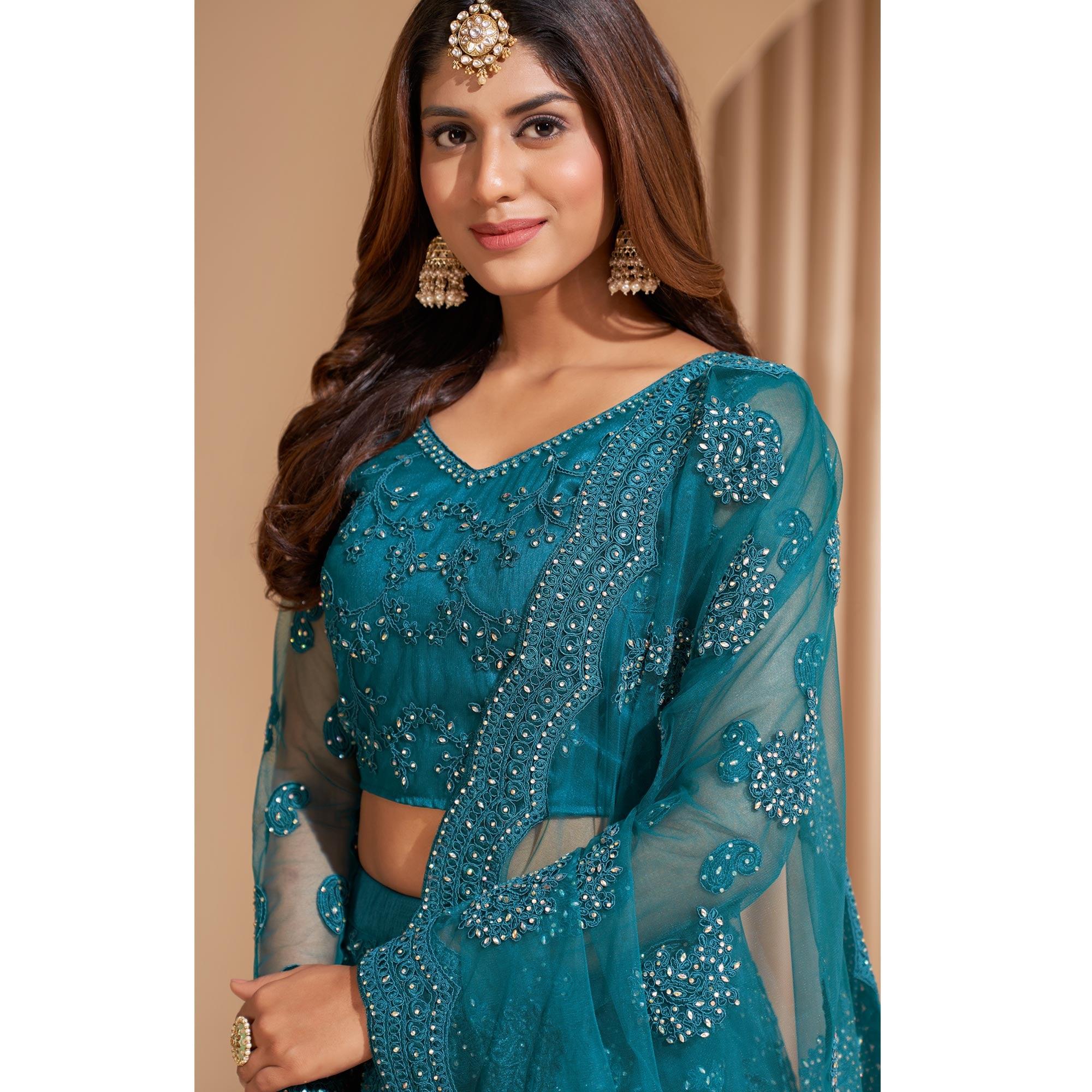Teal Blue Wedding Wear Embroidered With Embellished Net Lehenga Choli - Peachmode