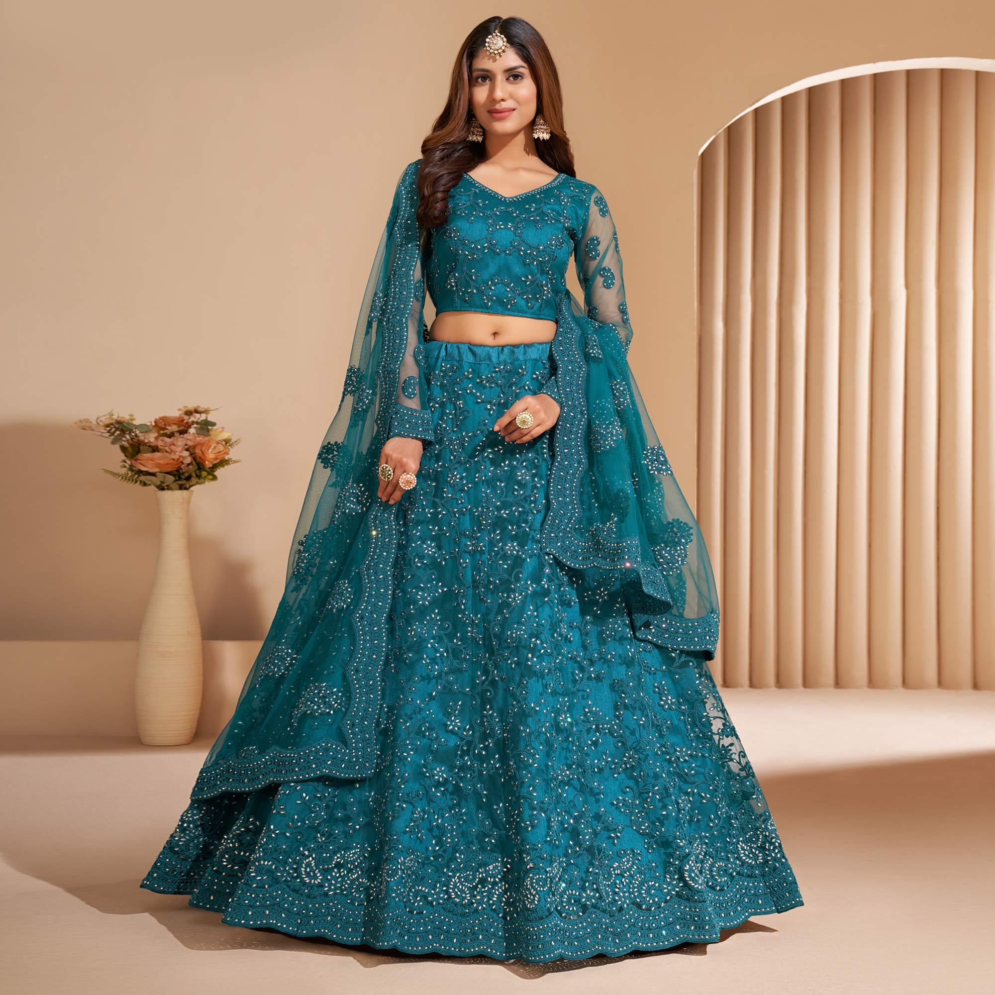Teal Blue Wedding Wear Embroidered With Embellished Net Lehenga Choli - Peachmode