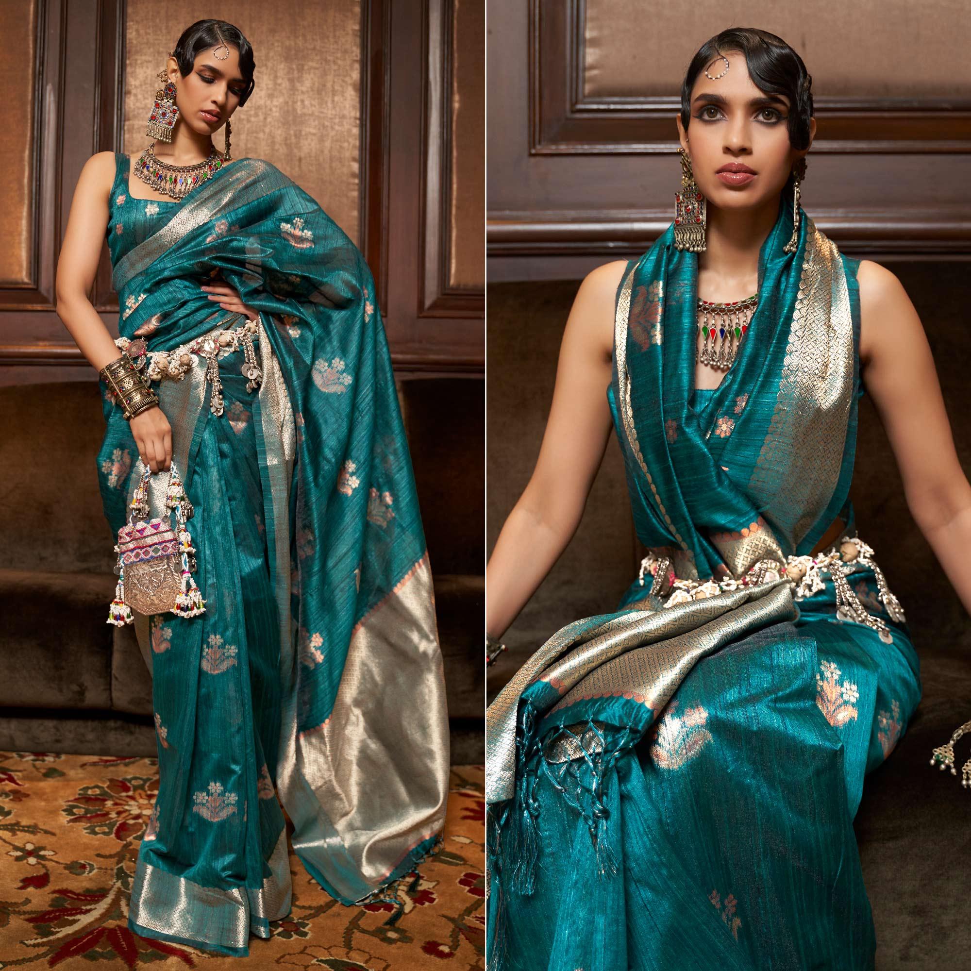 Teal Blue Woven Pure Silk Saree With Tassels - Peachmode