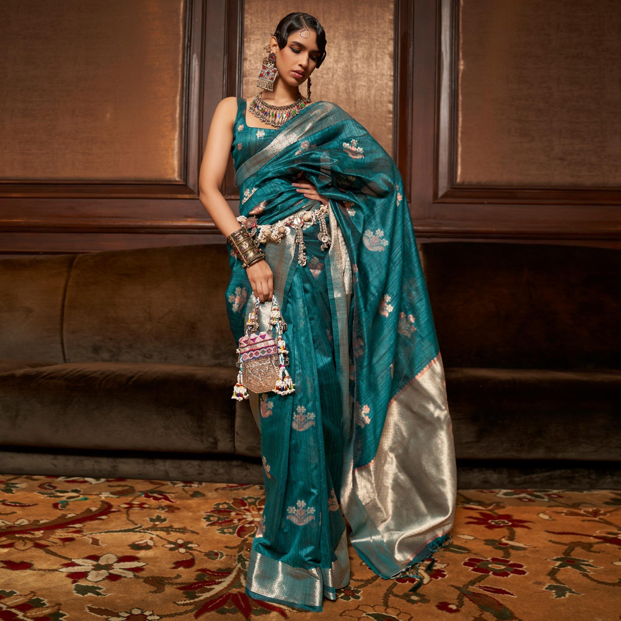 Teal Blue Woven Pure Silk Saree With Tassels - Peachmode