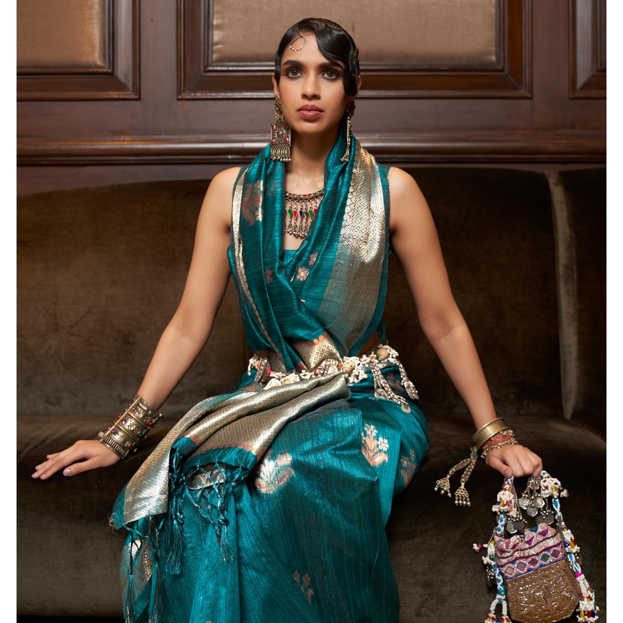 Teal Blue Woven Pure Silk Saree With Tassels - Peachmode