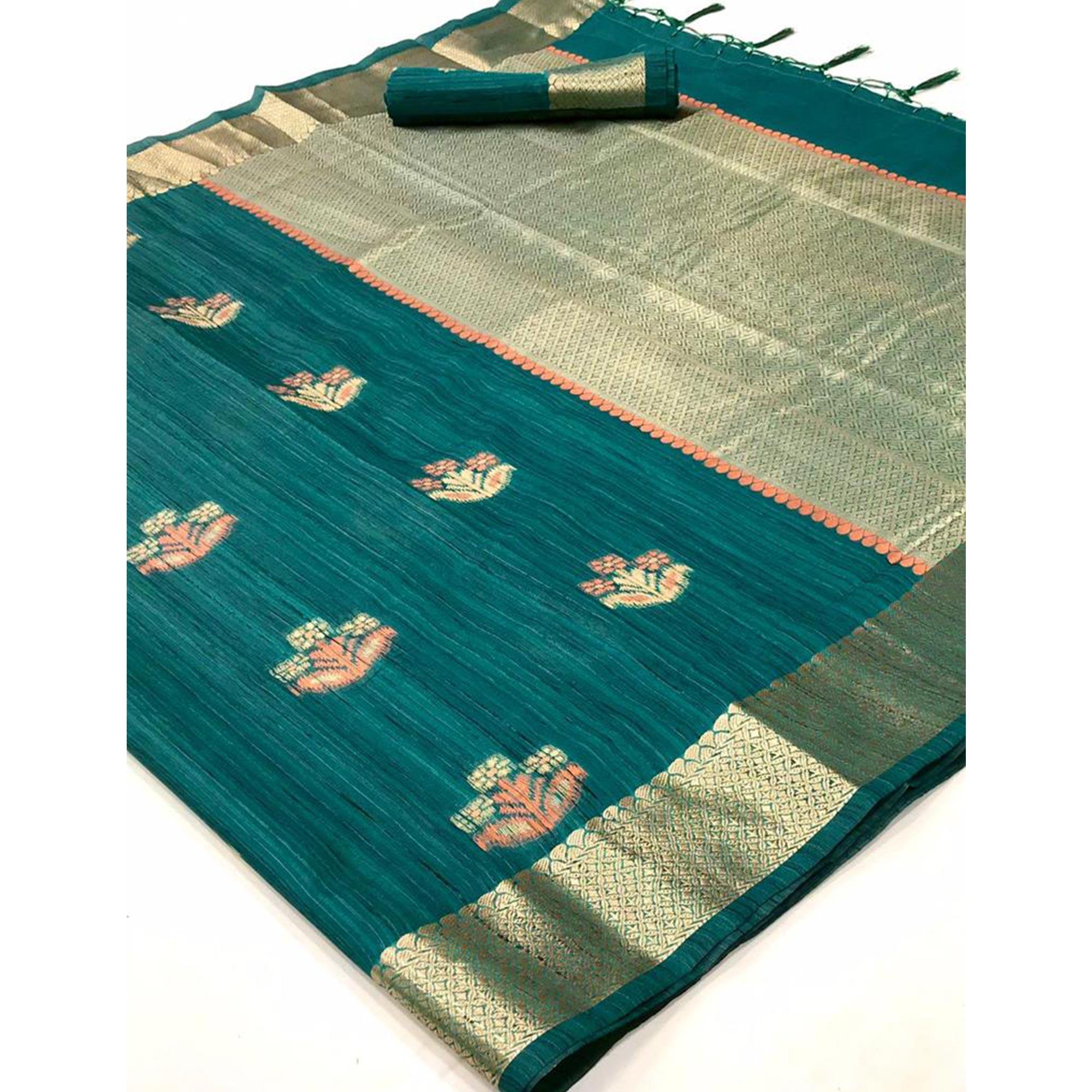 Teal Blue Woven Pure Silk Saree With Tassels - Peachmode