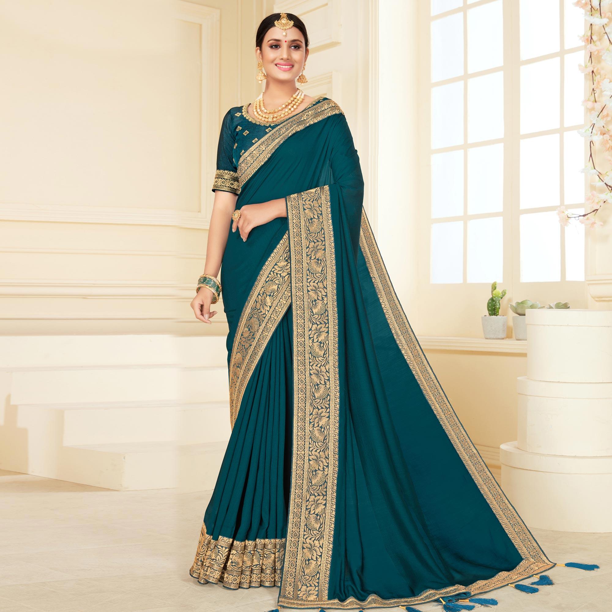 Teal Blue Woven Vichitra Silk Saree - Peachmode