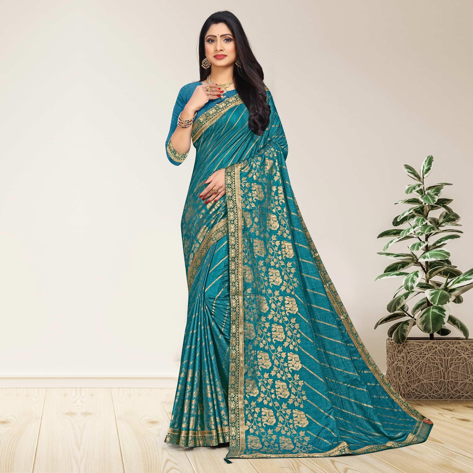 Teal Blue Woven Vichitra Silk Saree - Peachmode