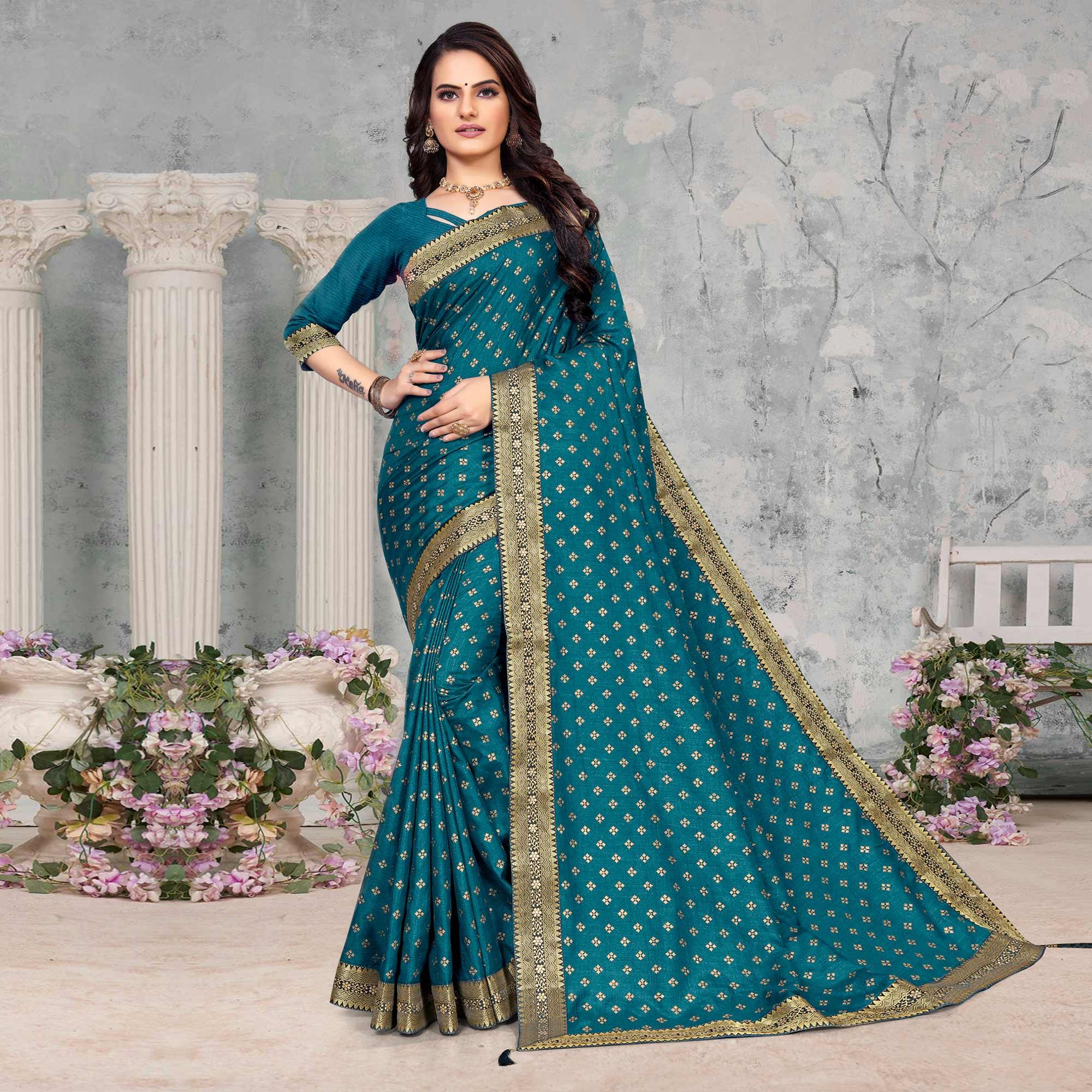 Teal Blue Woven Vichitra Silk Saree - Peachmode