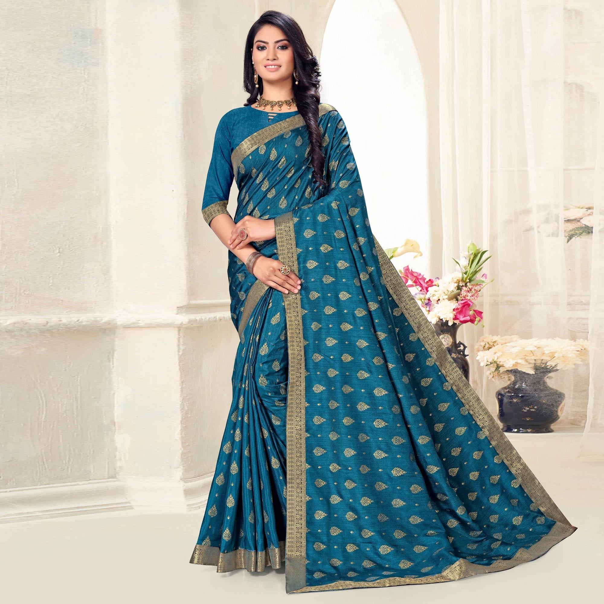 Teal Blue Woven Vichitra Silk Saree - Peachmode