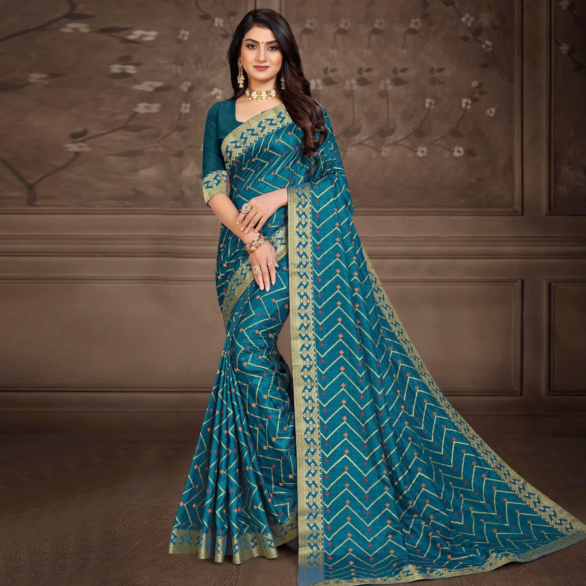Teal Blue Woven Vichitra Silk Saree - Peachmode