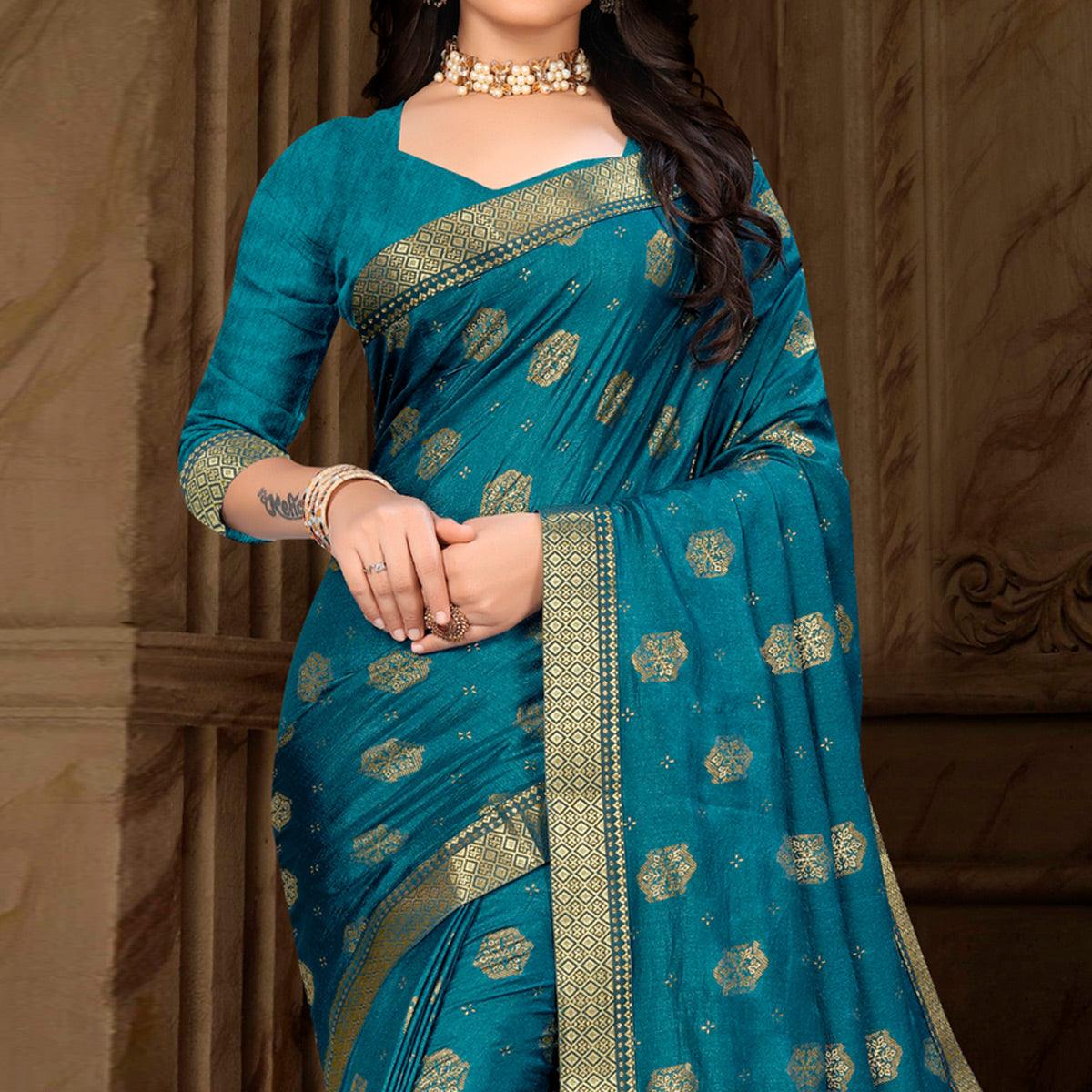 Teal Blue Woven Vichitra Silk Saree - Peachmode