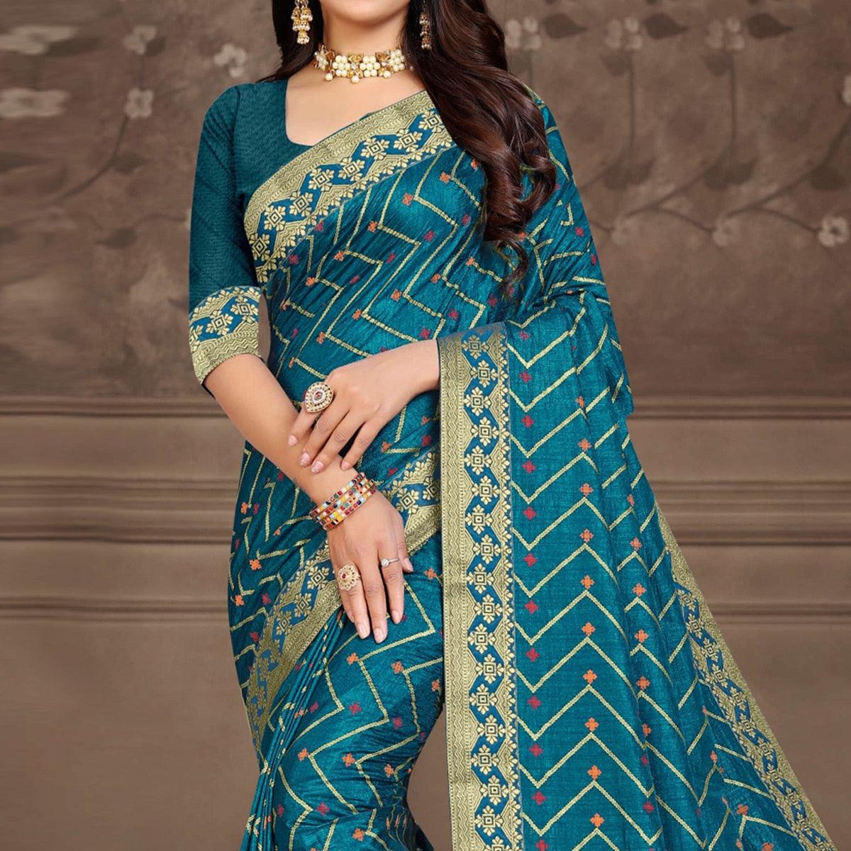 Teal Blue Woven Vichitra Silk Saree - Peachmode