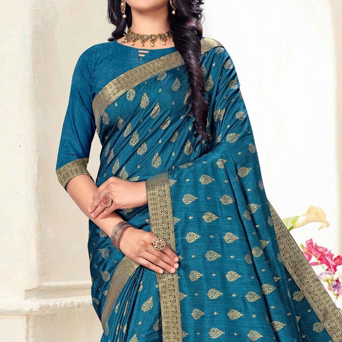 Teal Blue Woven Vichitra Silk Saree - Peachmode