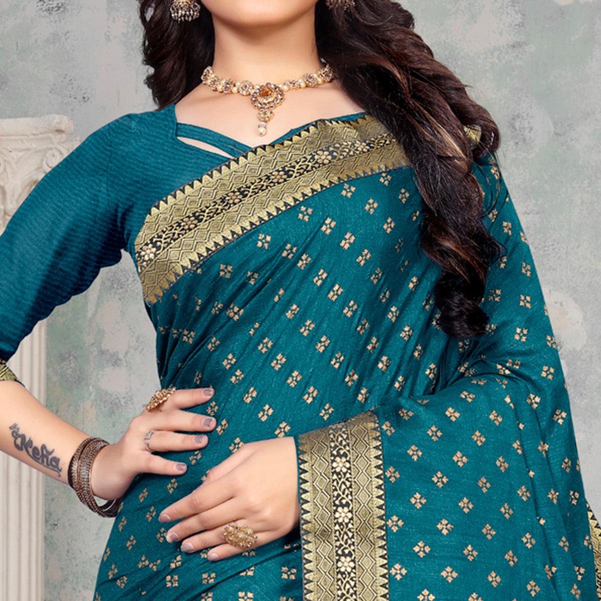 Teal Blue Woven Vichitra Silk Saree - Peachmode