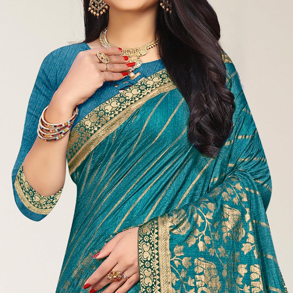 Teal Blue Woven Vichitra Silk Saree - Peachmode