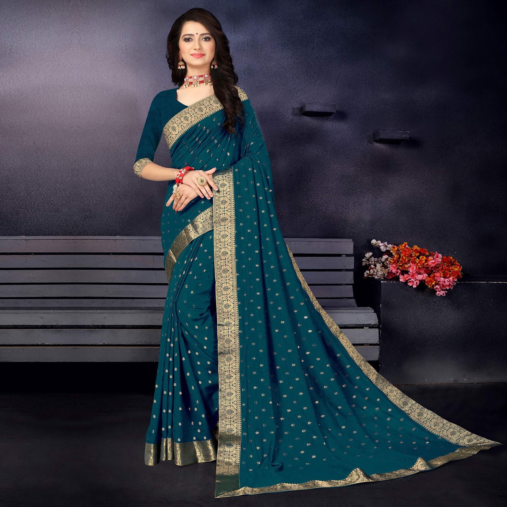 Teal Blue Woven With Fancy Border Vichitra Silk Saree - Peachmode